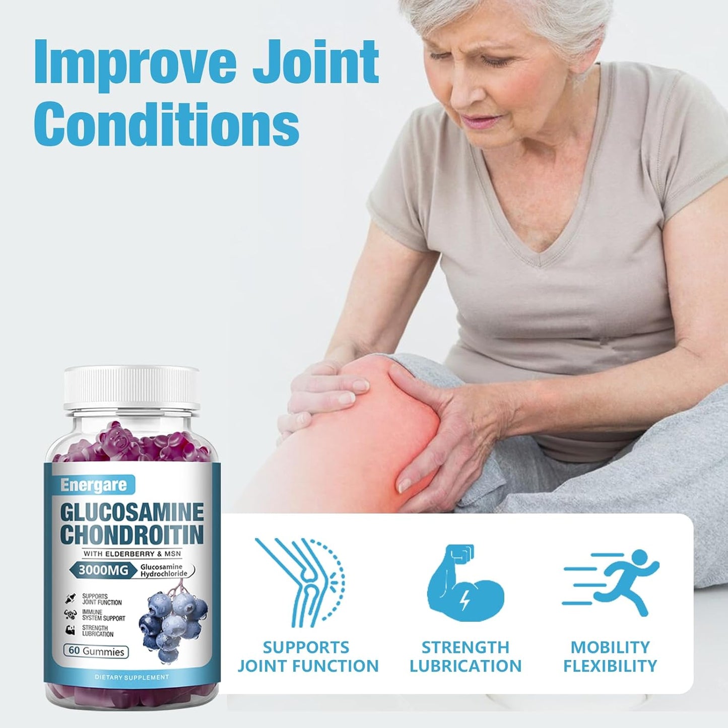 Extra Strength Glucosamine Chondroitin Gummies with Elderberry - Joint Support & Immune Boost - 60 Count