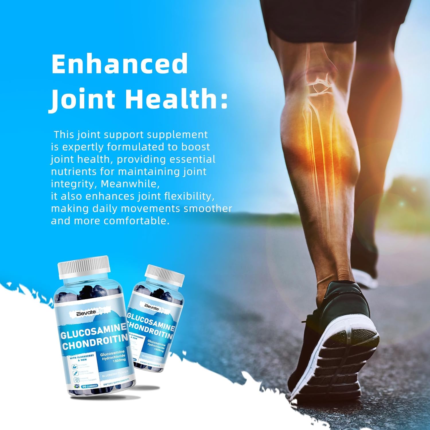 Extra Strength Glucosamine Chondroitin Gummies with MSM & Elderberry - Joint Support & Antioxidant Immune Boost - 90 Blueberry Gummies for Adults - BoostGo Australia