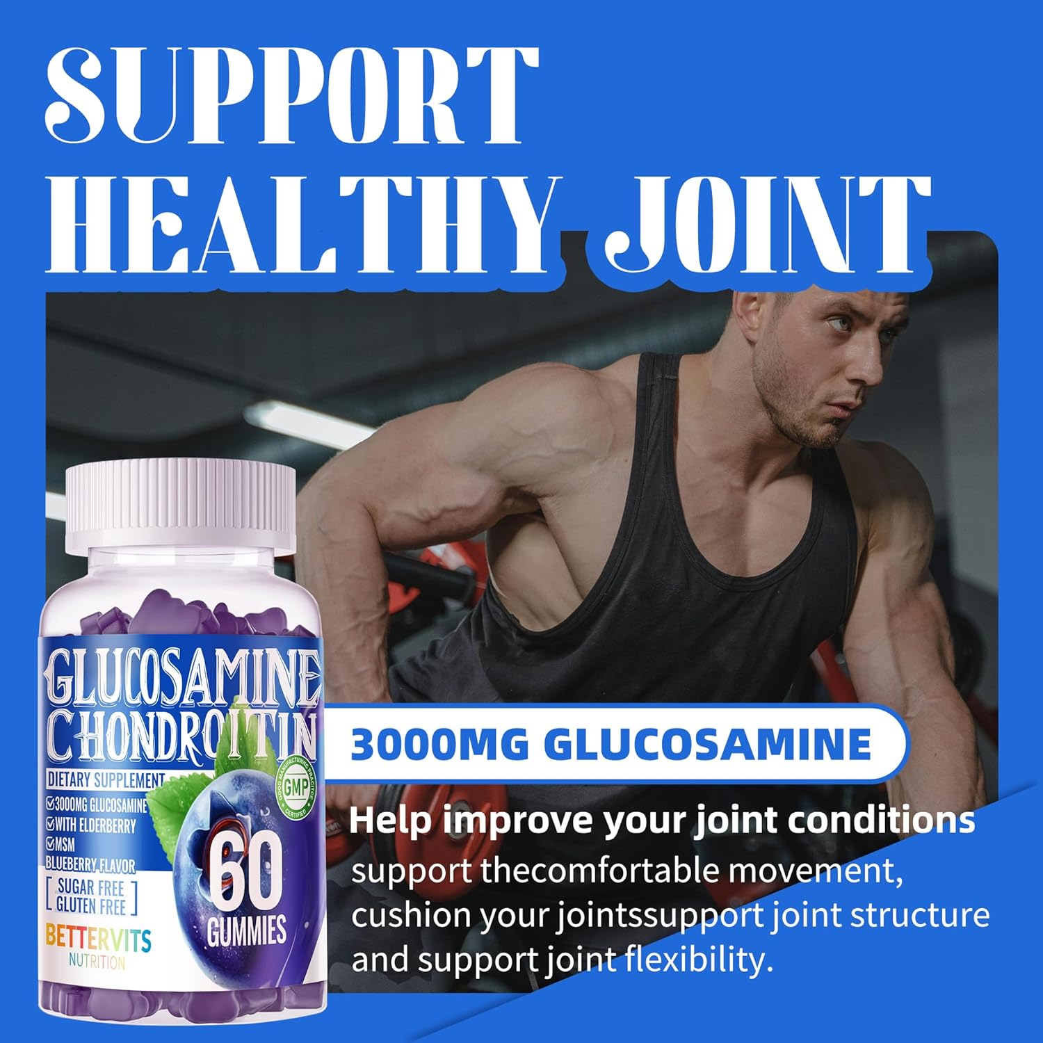 Extra Strength Glucosamine Chondroitin Gummies with MSM, Elderberry - Joint & Immune Support for Adults - 60 Blueberry Gummies