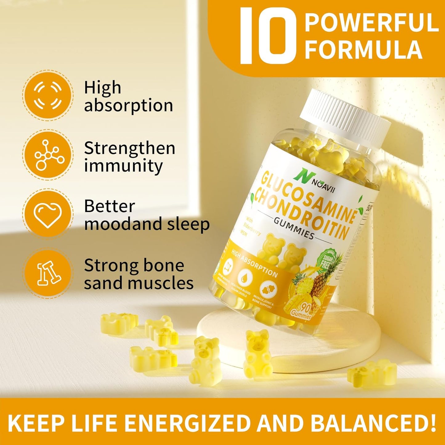 Extra Strength Glucosamine Chondroitin Gummies with MSM, Elderberry - Joint & Immune Support for Adults - Pineapple Flavor - 180 Count