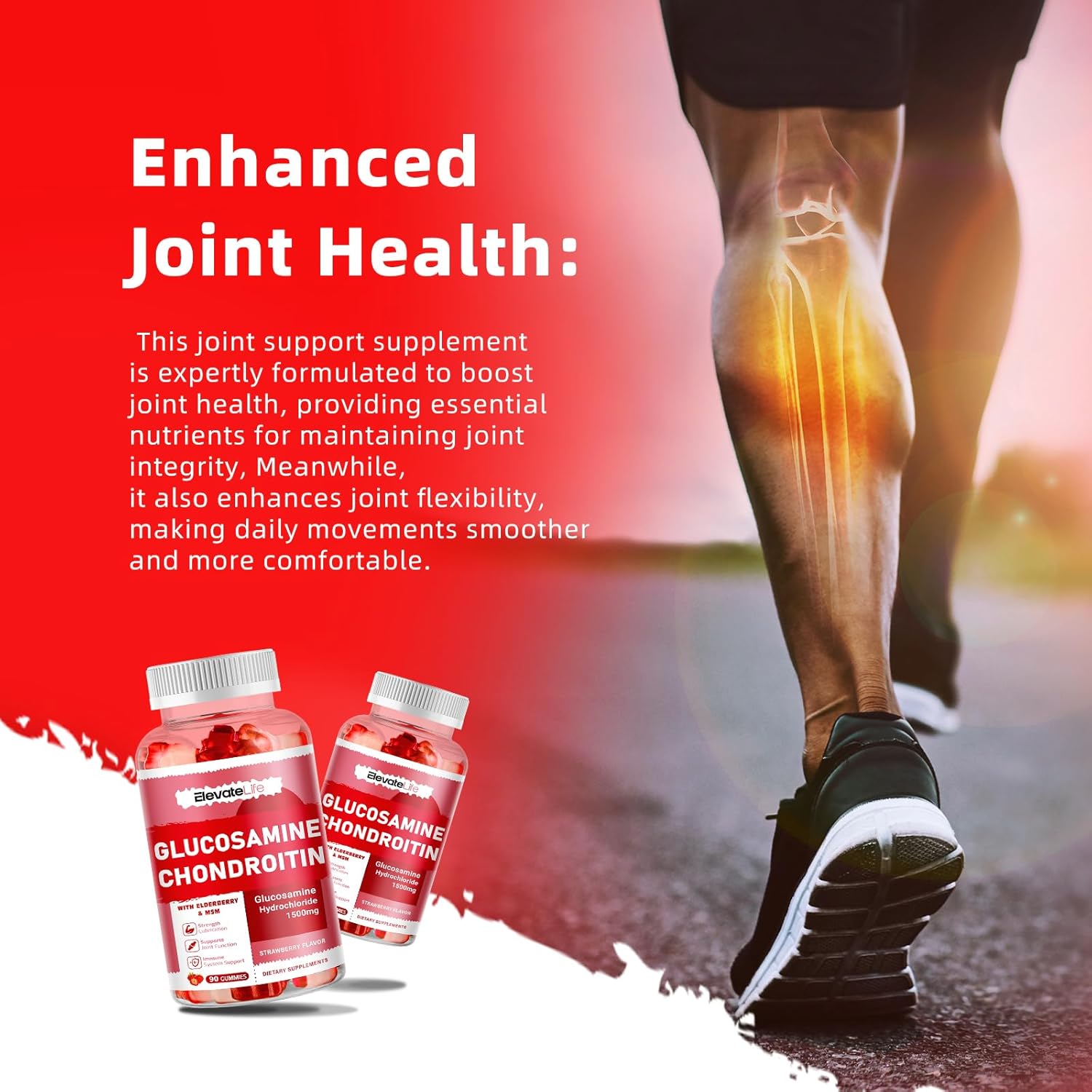 Extra Strength Glucosamine Chondroitin Gummies with MSM & Elderberry - Joint & Immune Support for Adults - 90 Strawberry Gummies