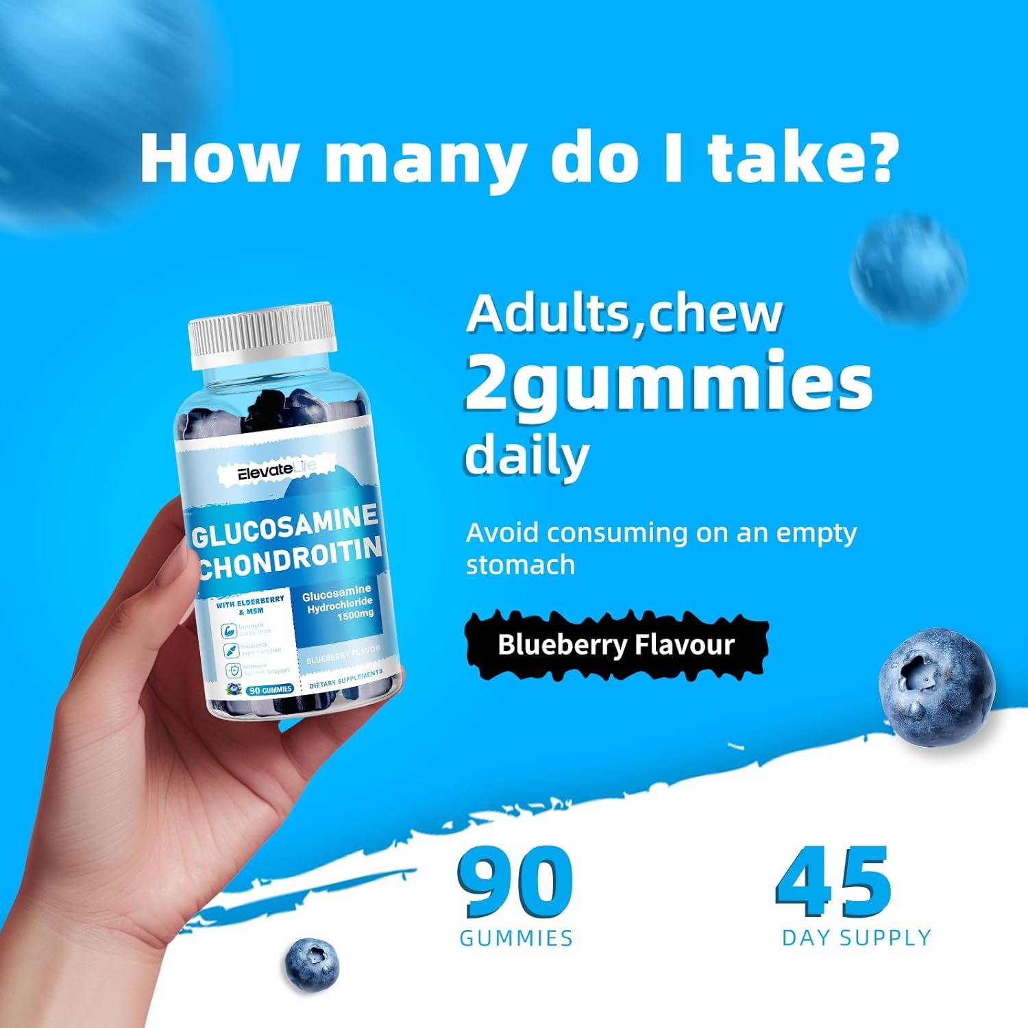 Extra Strength Glucosamine Chondroitin Gummies with MSM & Elderberry - Joint Support & Antioxidant Immune Boost - 90 Blueberry Gummies for Adults - BoostGo Australia