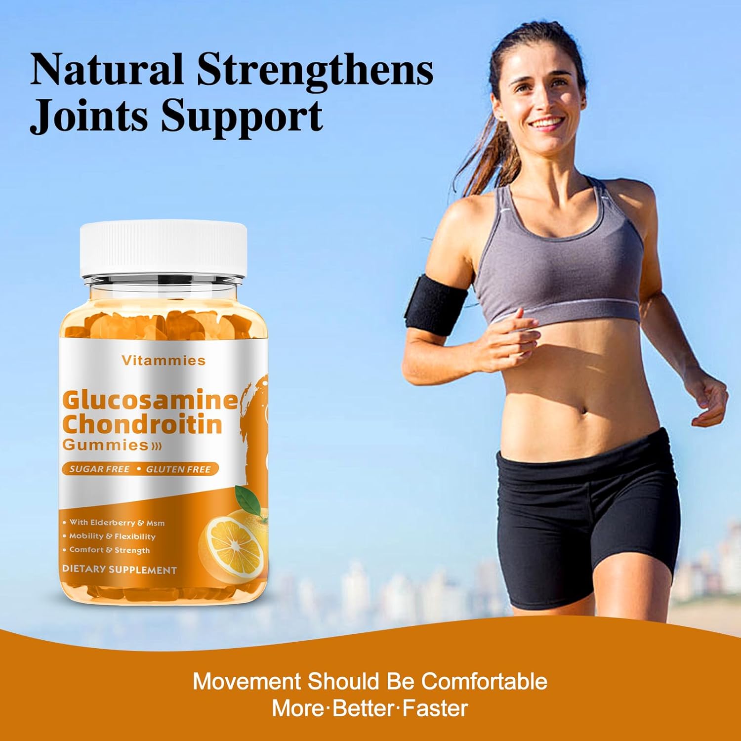 Extra Strength Glucosamine Chondroitin Gummies with MSM & Elderberry - Joint & Immune Support for Men & Women - 60 Orange Gummies