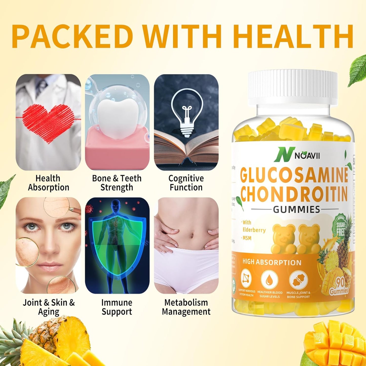 Extra Strength Glucosamine Chondroitin Gummies with MSM, Elderberry - Joint & Immune Support for Adults - Pineapple Flavor - 180 Count