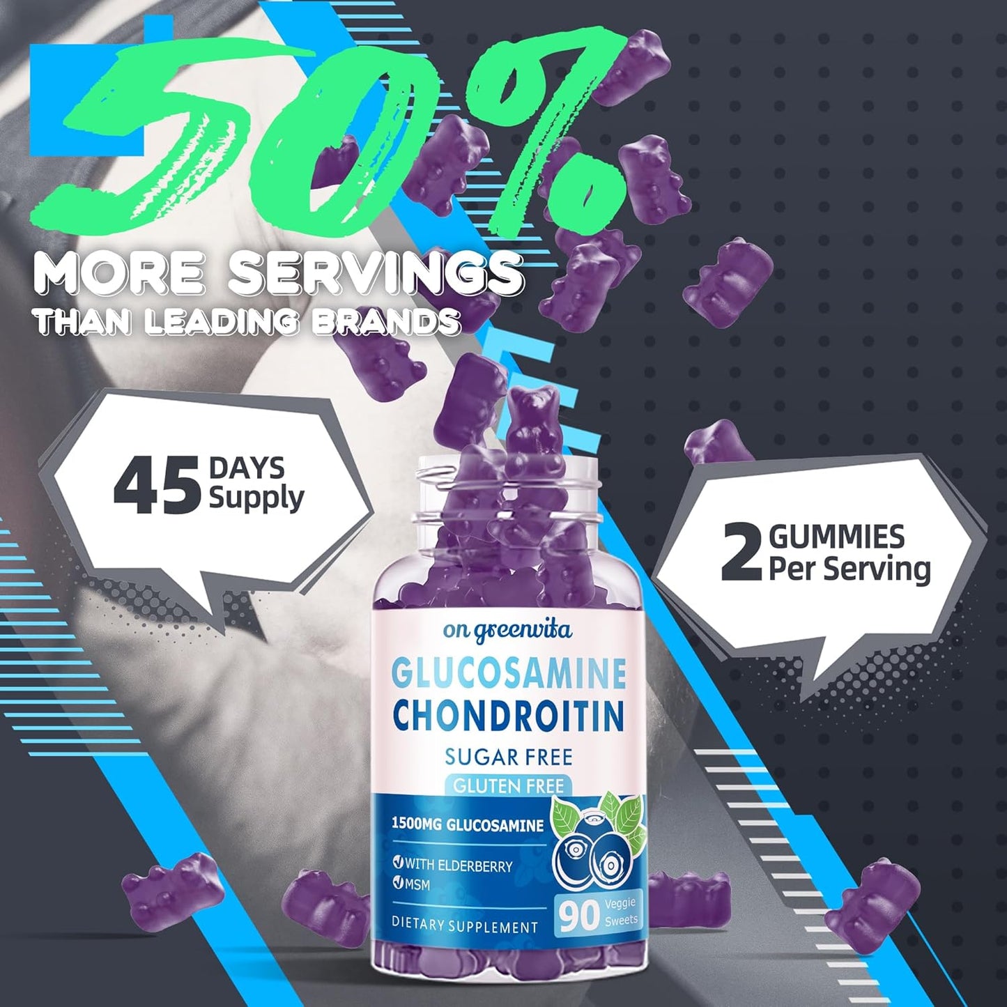 Extra Strength Glucosamine Chondroitin Gummies with MSM & Elderberry for Joint and Immune Support - Blueberry Gummies for Adults