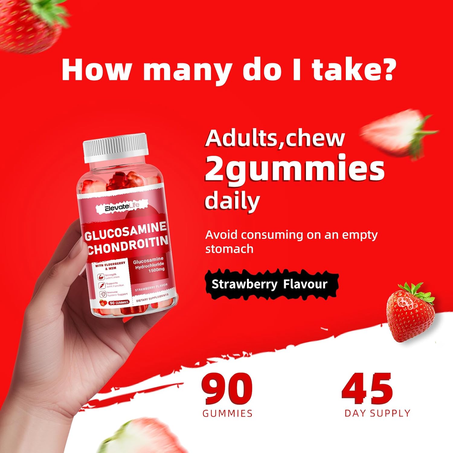 Extra Strength Glucosamine Chondroitin Gummies with MSM & Elderberry - Joint & Immune Support for Adults - 90 Strawberry Gummies