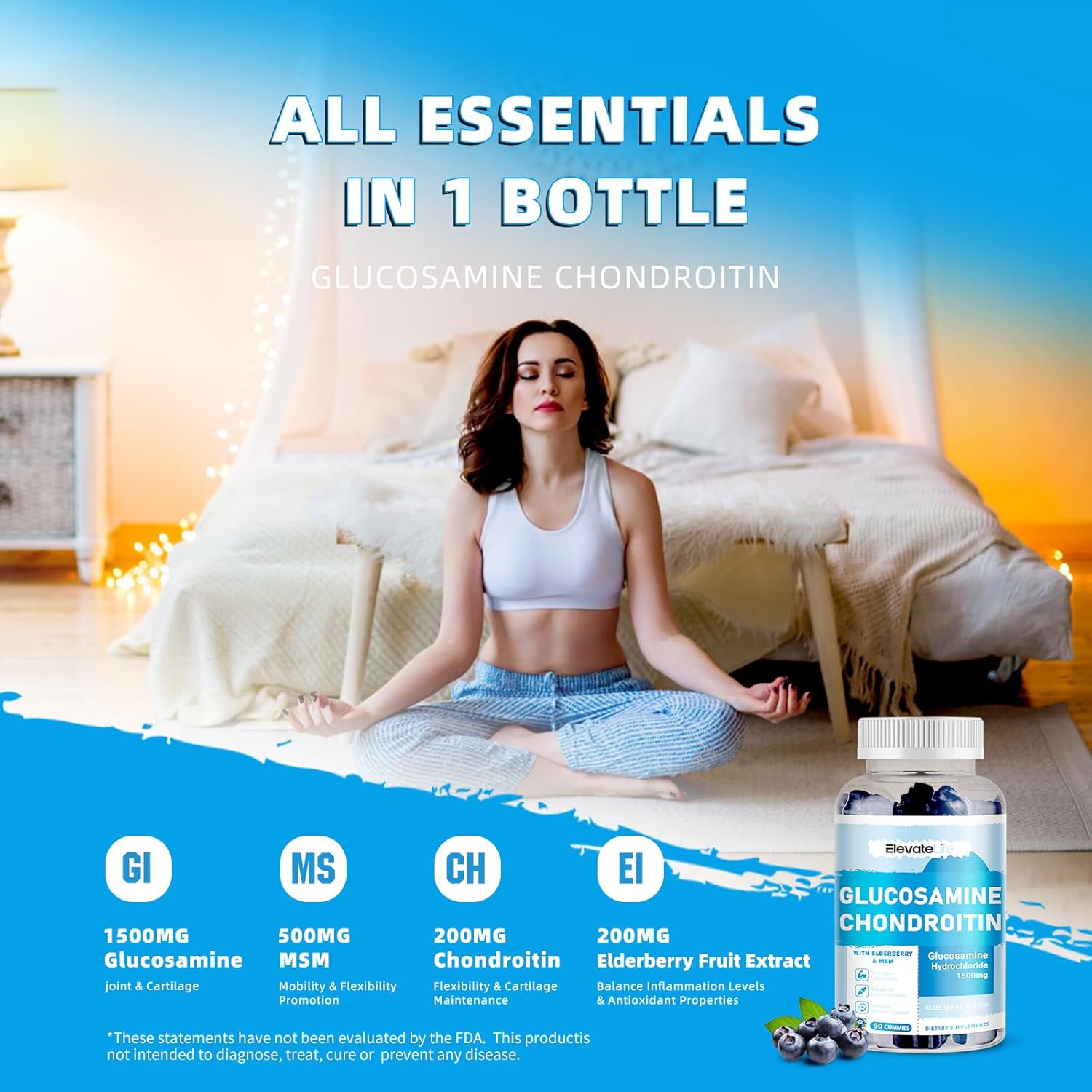 Extra Strength Glucosamine Chondroitin Gummies with MSM & Elderberry - Joint Support & Antioxidant Immune Boost - 90 Blueberry Gummies for Adults - BoostGo Australia