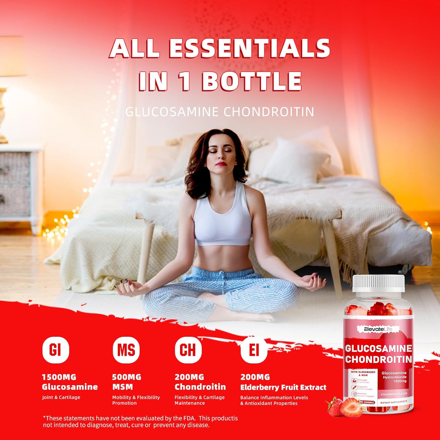 Extra Strength Glucosamine Chondroitin Gummies with MSM & Elderberry - Joint & Immune Support for Adults - 90 Strawberry Gummies