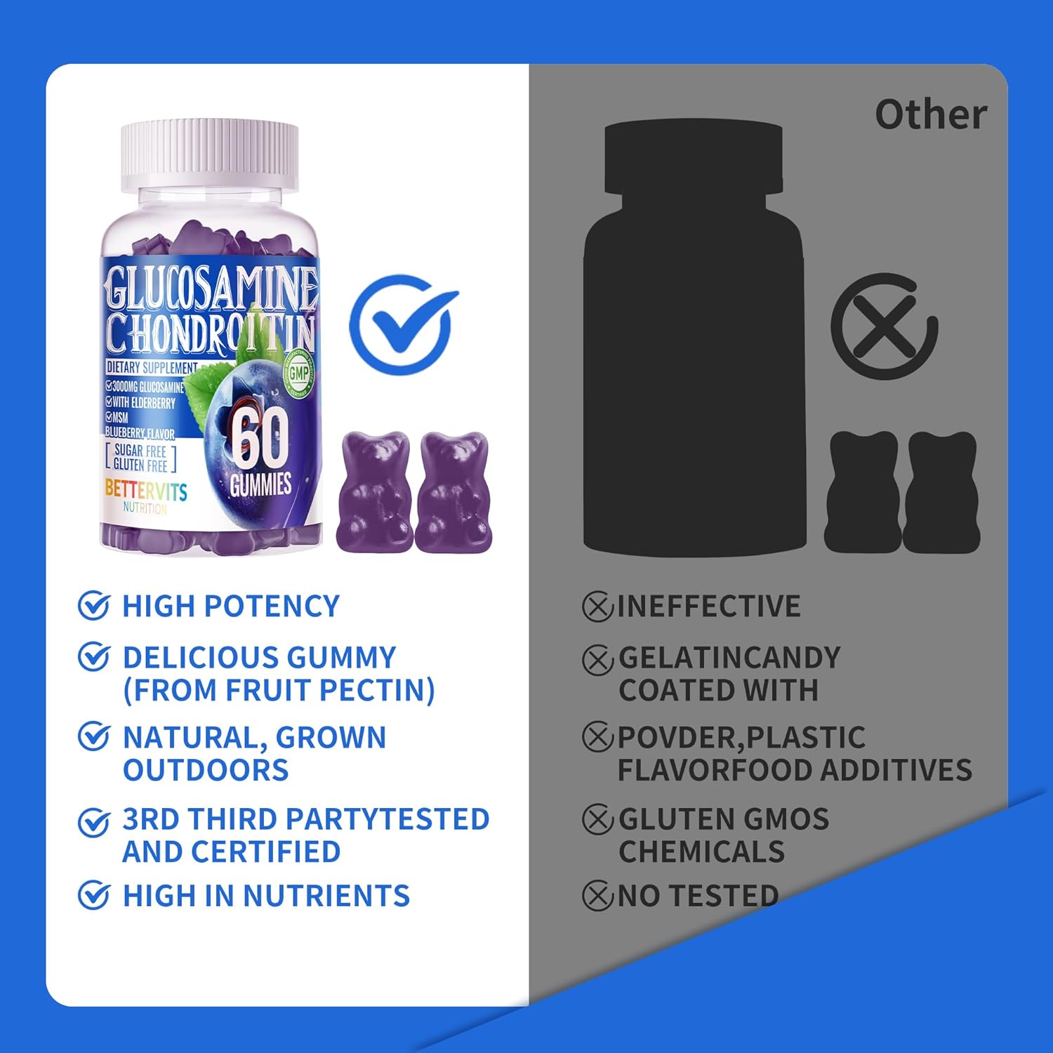Extra Strength Glucosamine Chondroitin Gummies with MSM, Elderberry - Joint & Immune Support for Adults - 60 Blueberry Gummies