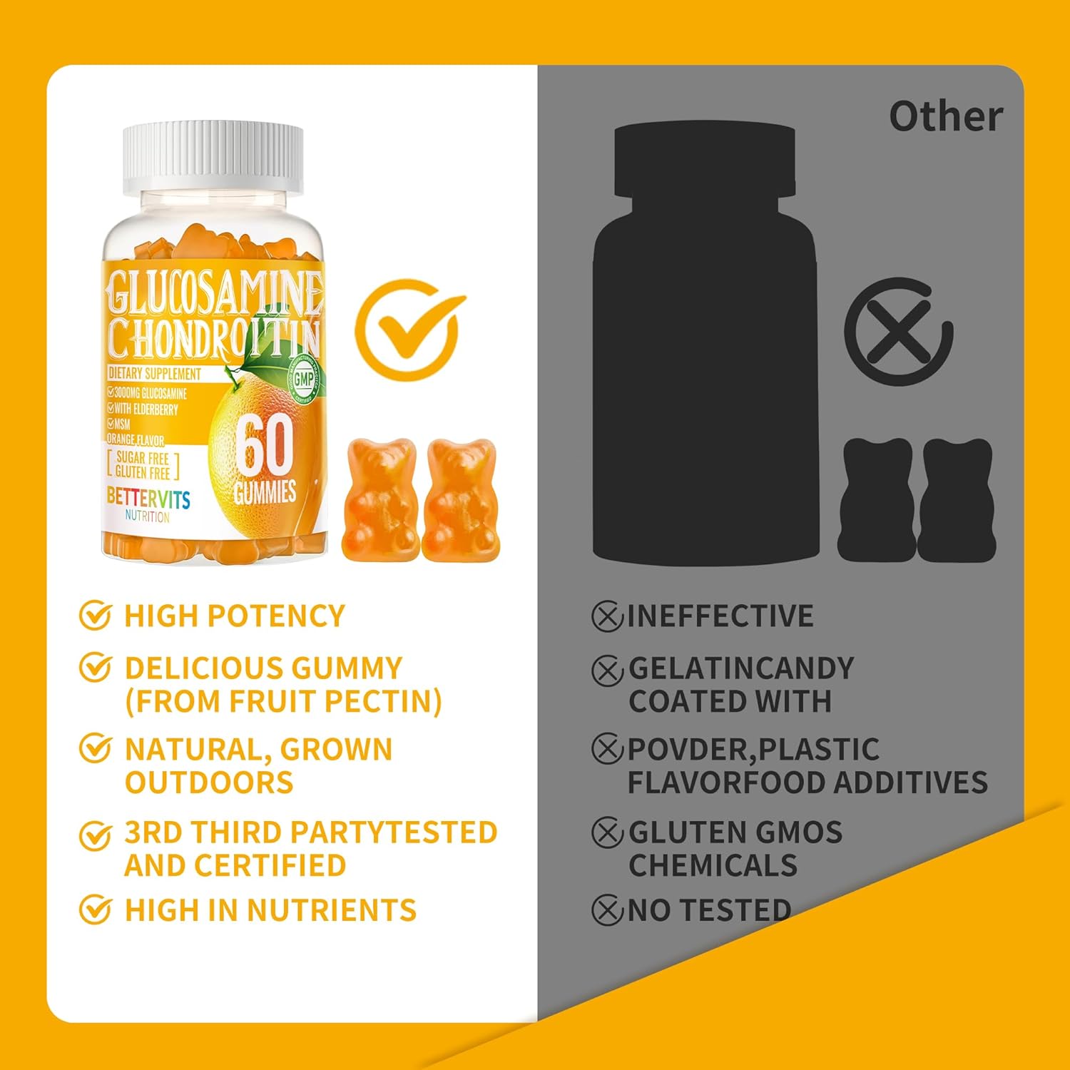 Extra Strength Glucosamine Chondroitin Gummies with MSM, Elderberry - Joint & Immune Support for Adults - 60 Orange Gummies