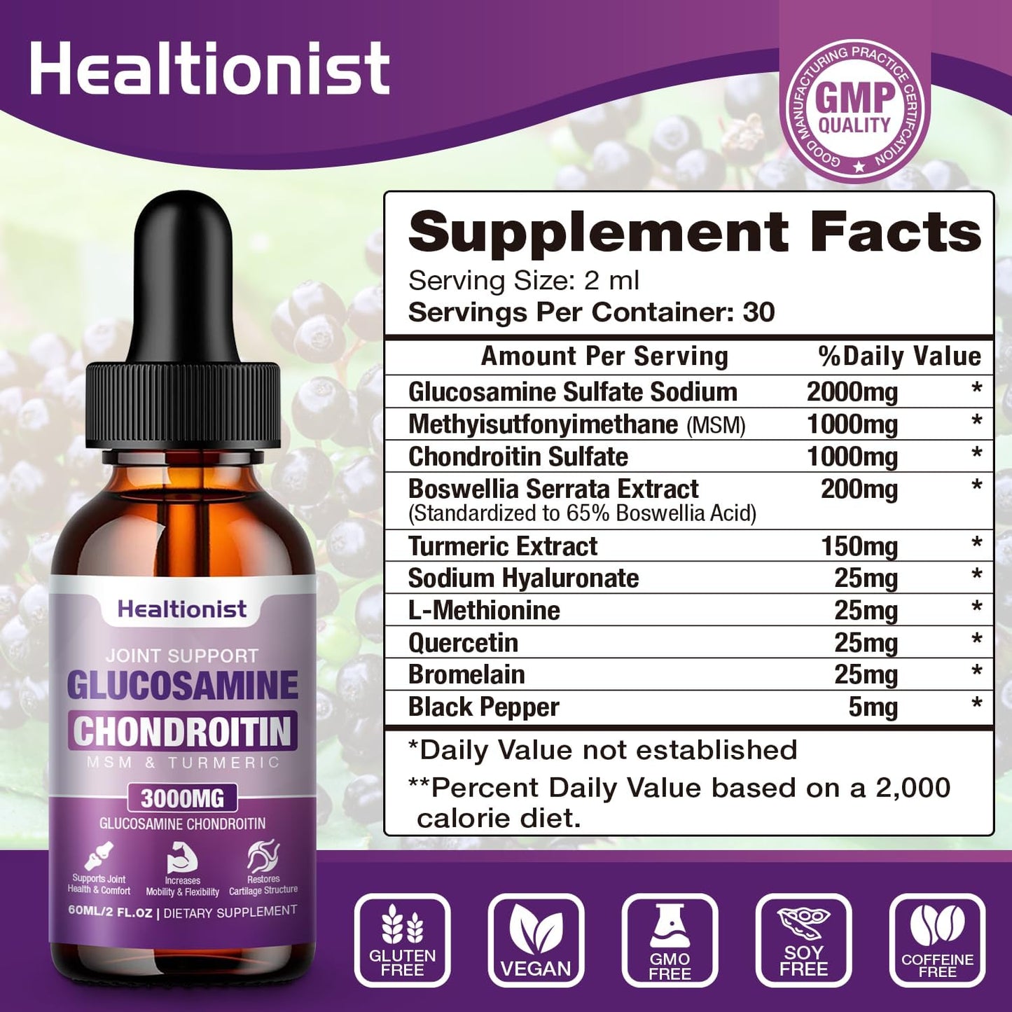 Extra Strength Glucosamine Chondroitin MSM Liquid Drops with Quercetin, Boswelia, and Bromelain - Joint & Immune Support Supplement for Adults - 2 Fl oz