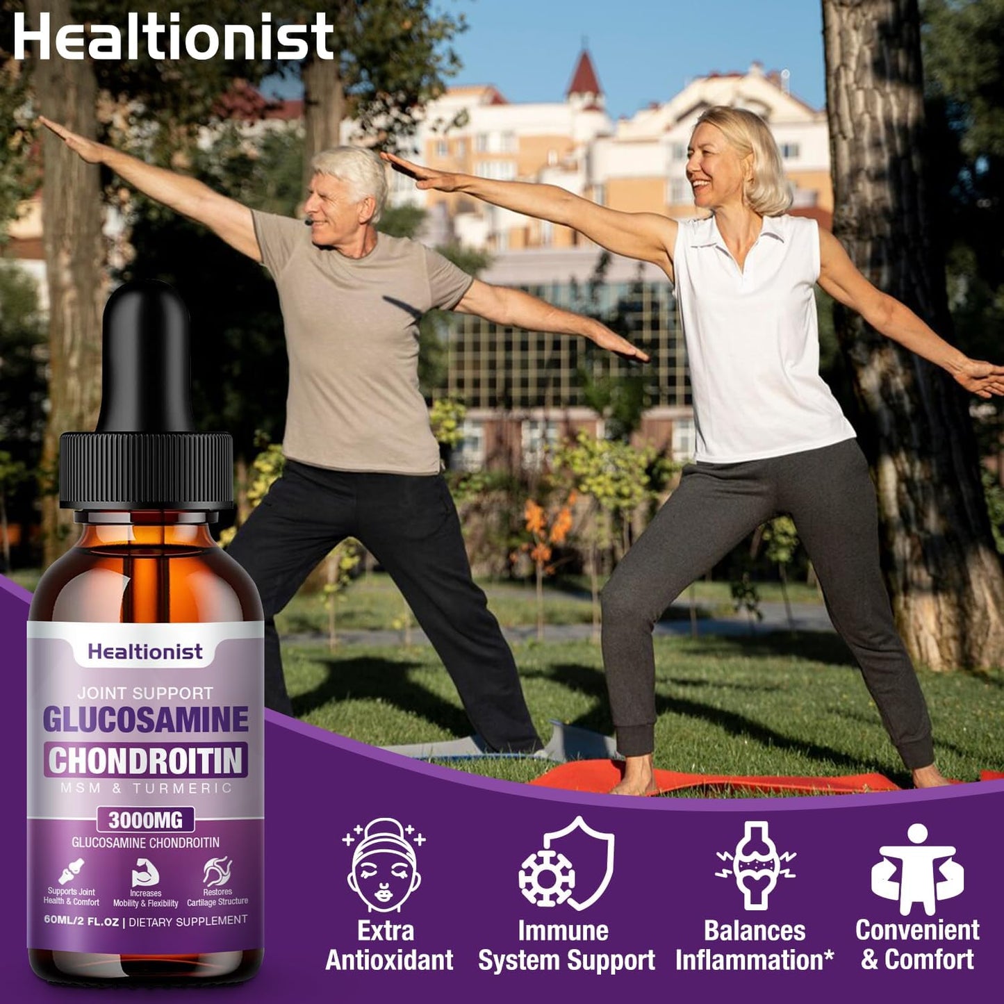 Extra Strength Glucosamine Chondroitin MSM Liquid Drops with Quercetin, Boswelia, and Bromelain - Joint & Immune Support Supplement for Adults - 2 Fl oz