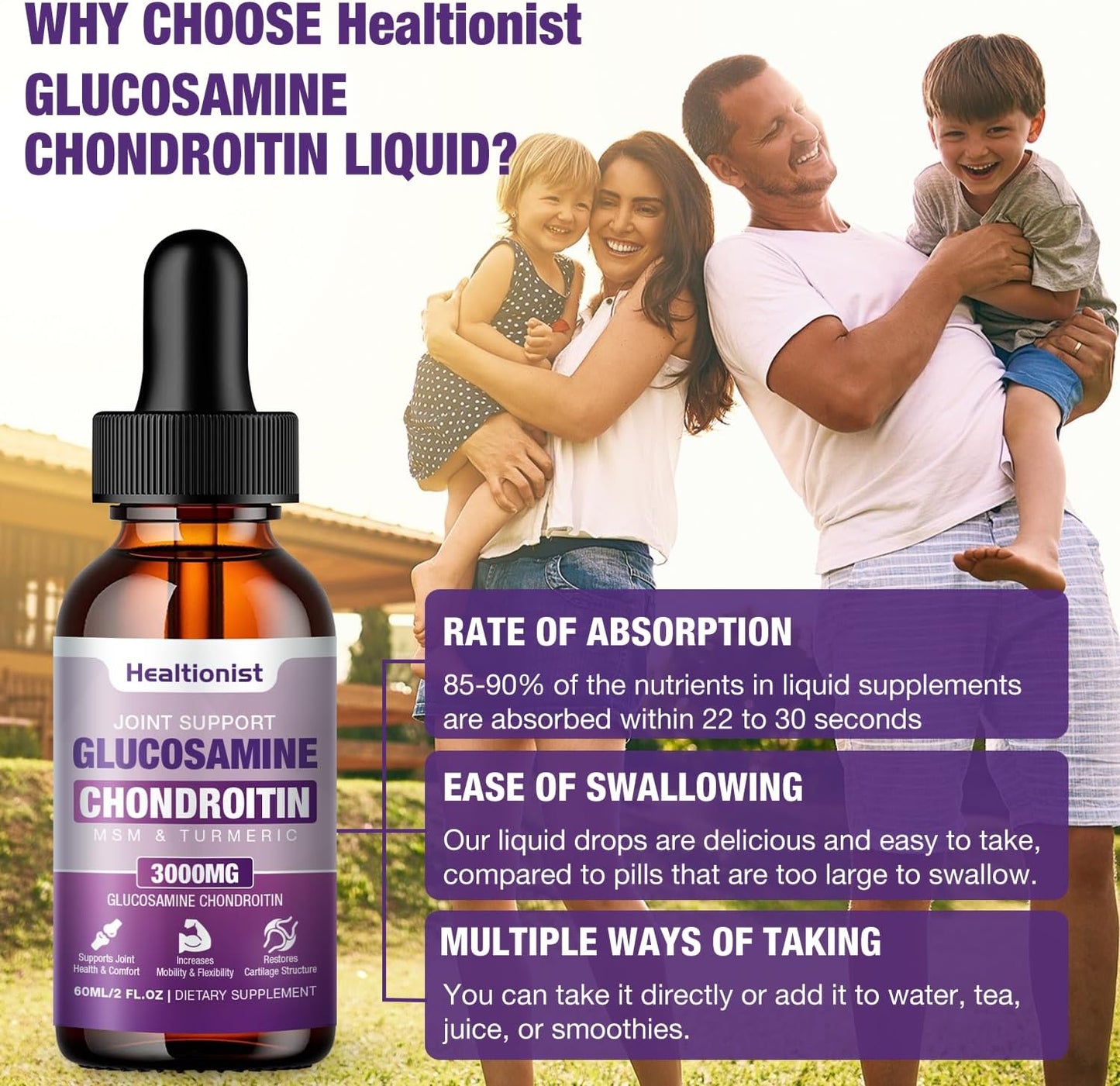 Extra Strength Glucosamine Chondroitin MSM Liquid Drops with Quercetin, Boswelia, and Bromelain - Joint & Immune Support Supplement for Adults - 2 Fl oz