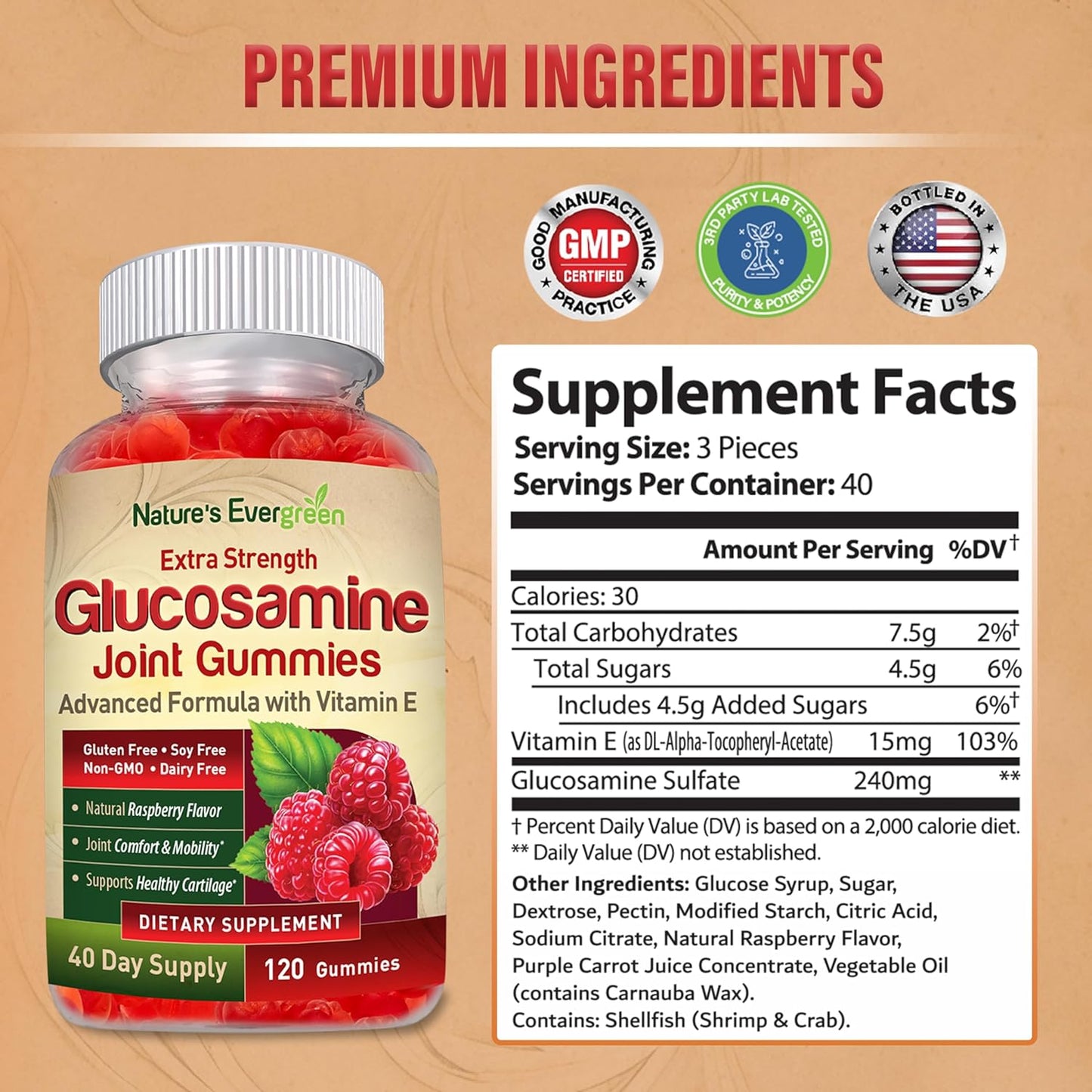 Extra Strength Glucosamine Joint Support Gummy Supplement with Vitamin E - Natural Joint Health & Flexibility for Back, Knees, & Hands - Immune Support for Women & Men - 120 Gummies