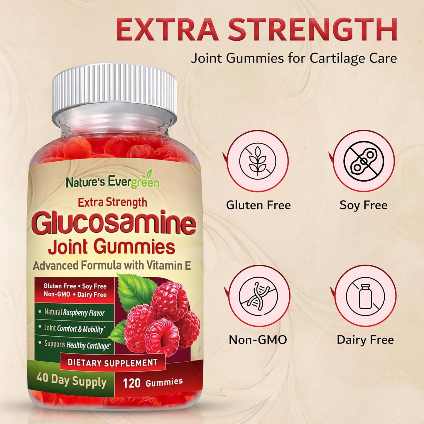 Extra Strength Glucosamine Joint Support Gummy Supplement with Vitamin E - Natural Joint Health & Flexibility for Back, Knees, & Hands - Immune Support for Women & Men - 120 Gummies