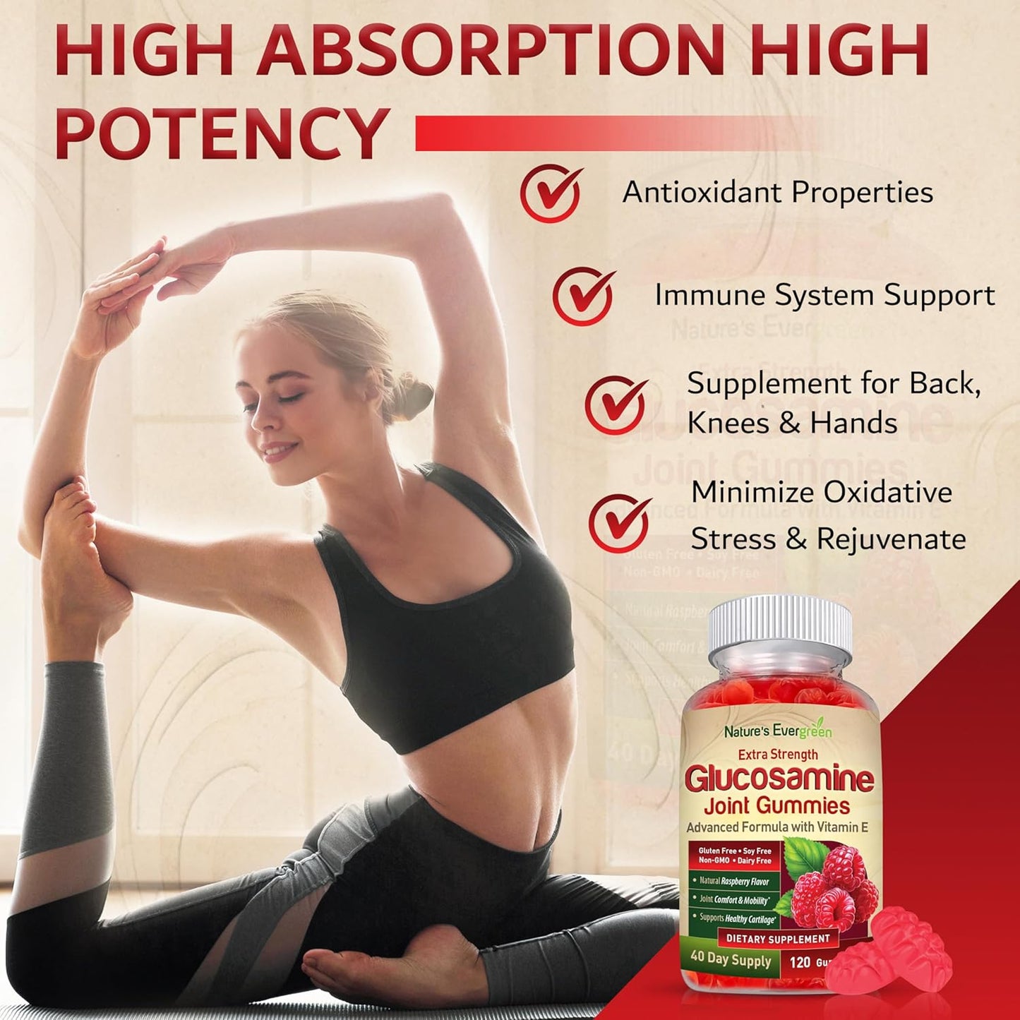 Extra Strength Glucosamine Joint Support Gummy Supplement with Vitamin E - Natural Joint Health & Flexibility for Back, Knees, & Hands - Immune Support for Women & Men - 120 Gummies