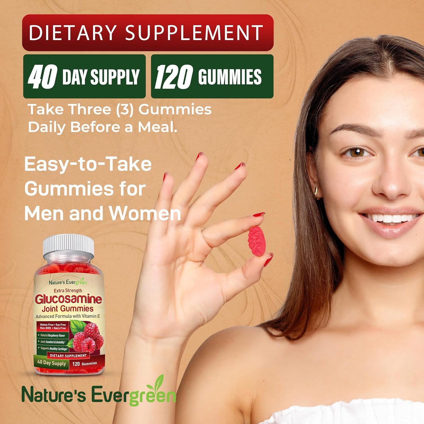 Extra Strength Glucosamine Joint Support Gummy Supplement with Vitamin E - Natural Joint Health & Flexibility for Back, Knees, & Hands - Immune Support for Women & Men - 120 Gummies