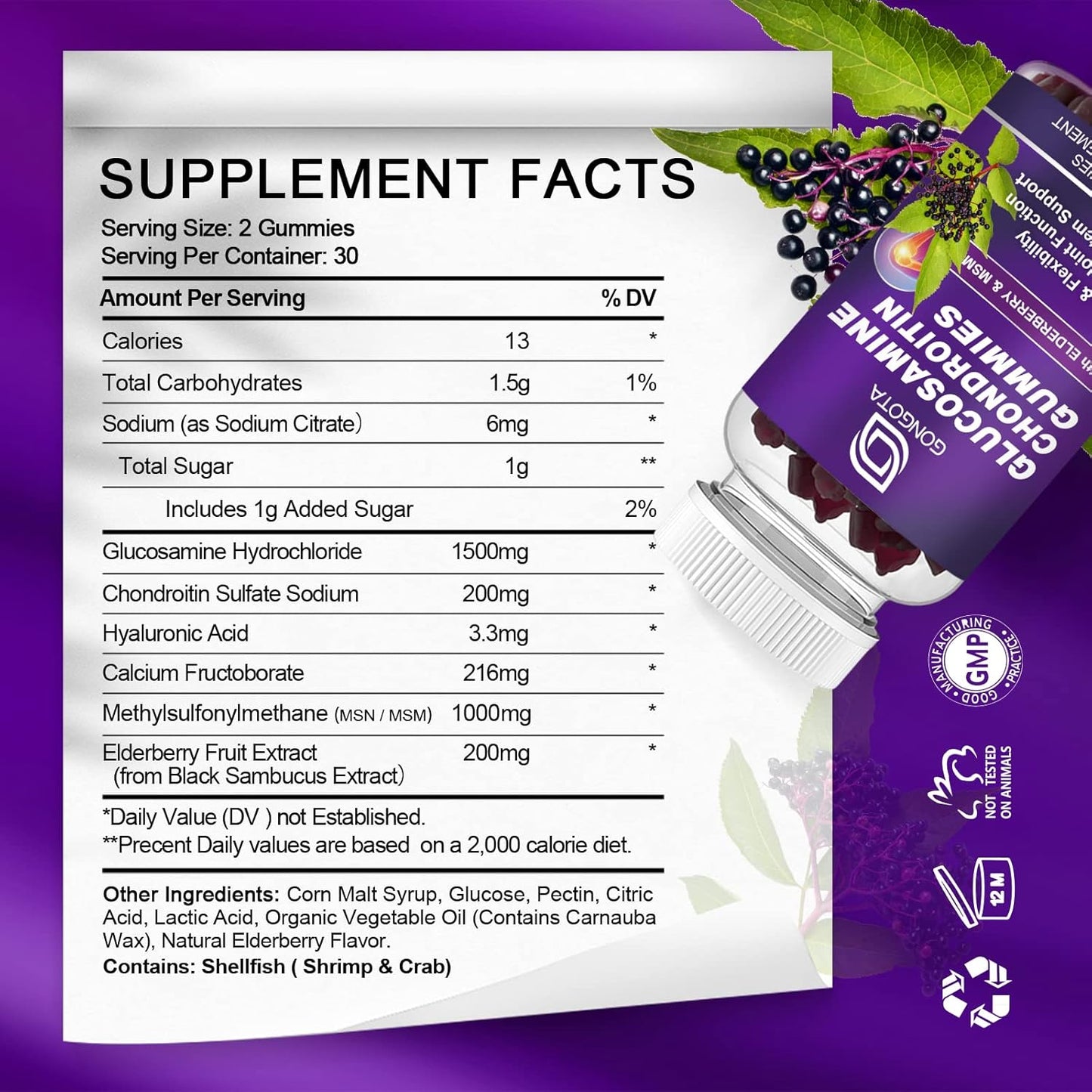 Extra Strength GONGOTA Glucosamine Chondroitin Gummies with MSM & Elderberry - 60 Count - Joint & Immune Support Supplement for Men and Women