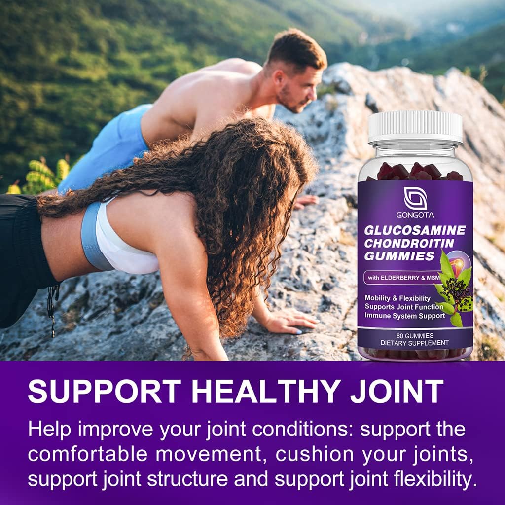 Extra Strength GONGOTA Glucosamine Chondroitin Gummies with MSM & Elderberry - 60 Count - Joint & Immune Support Supplement for Men and Women