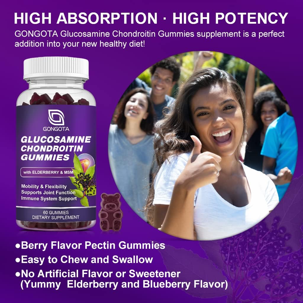 Extra Strength GONGOTA Glucosamine Chondroitin Gummies with MSM & Elderberry - 60 Count - Joint & Immune Support Supplement for Men and Women