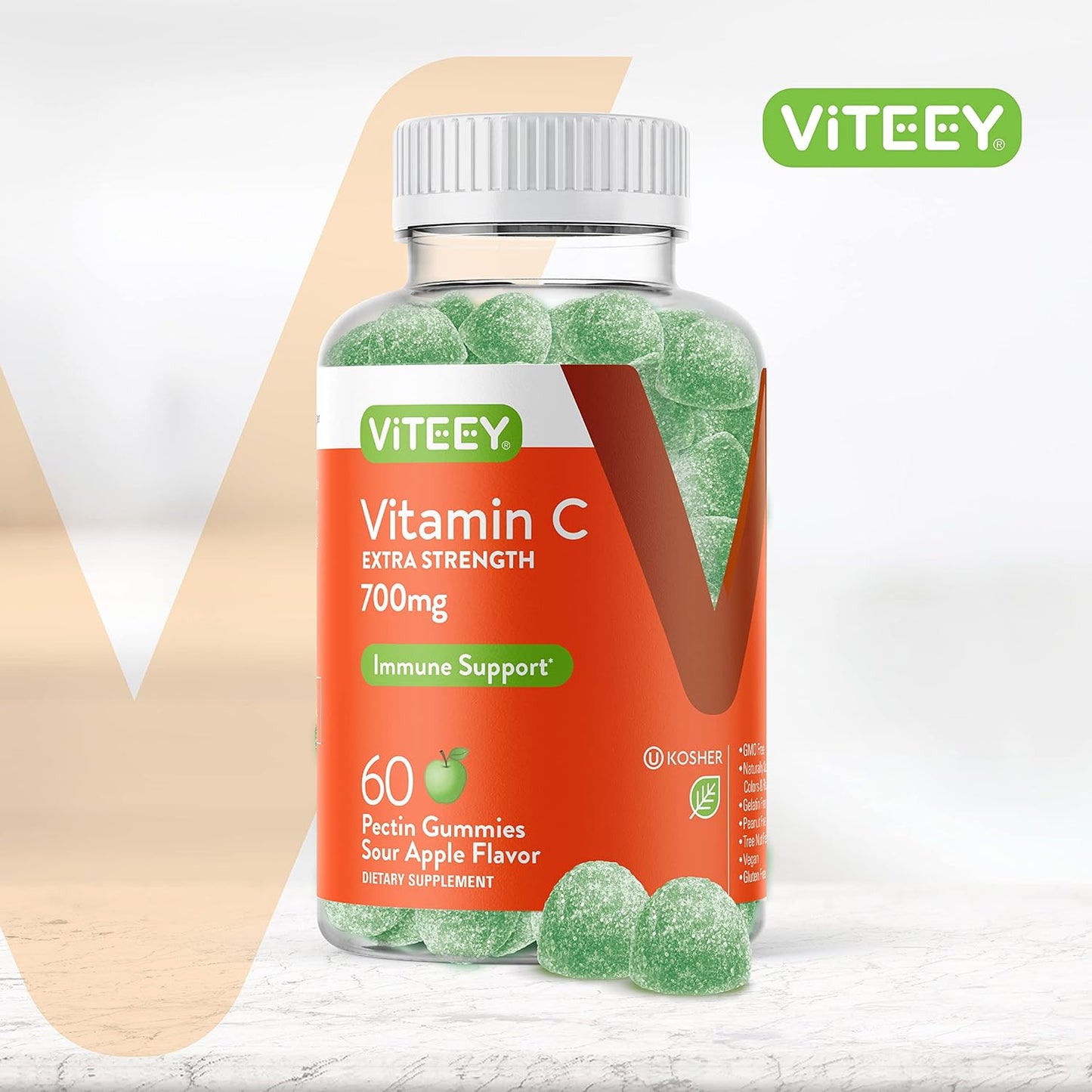 Extra Strength Immune Support Vitamin C Gummies for Adults & Teens - 700mg - Vegan Sour Apple Flavored Chewable Gummy - Gelatin & Gluten Free