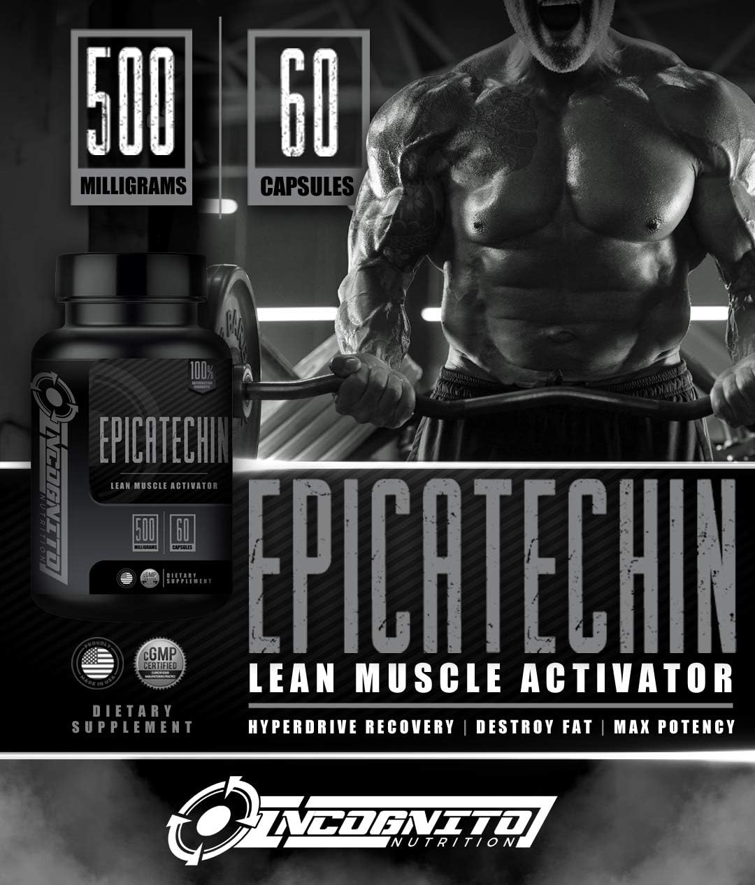 Extra Strength Incognito Nutrition Epicatechin Supplement - 500mg Per Serving x 60 Servings - Promotes Lean Muscle, Strength, and Protein Synthesis - Myostatin Reduction - Muscle Growth Support