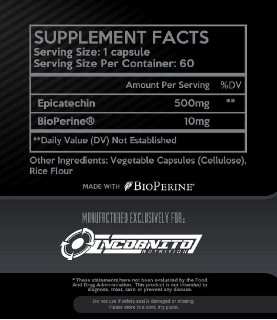 Extra Strength Incognito Nutrition Epicatechin Supplement - 500mg Per Serving x 60 Servings - Promotes Lean Muscle, Strength, and Protein Synthesis - Myostatin Reduction - Muscle Growth Support