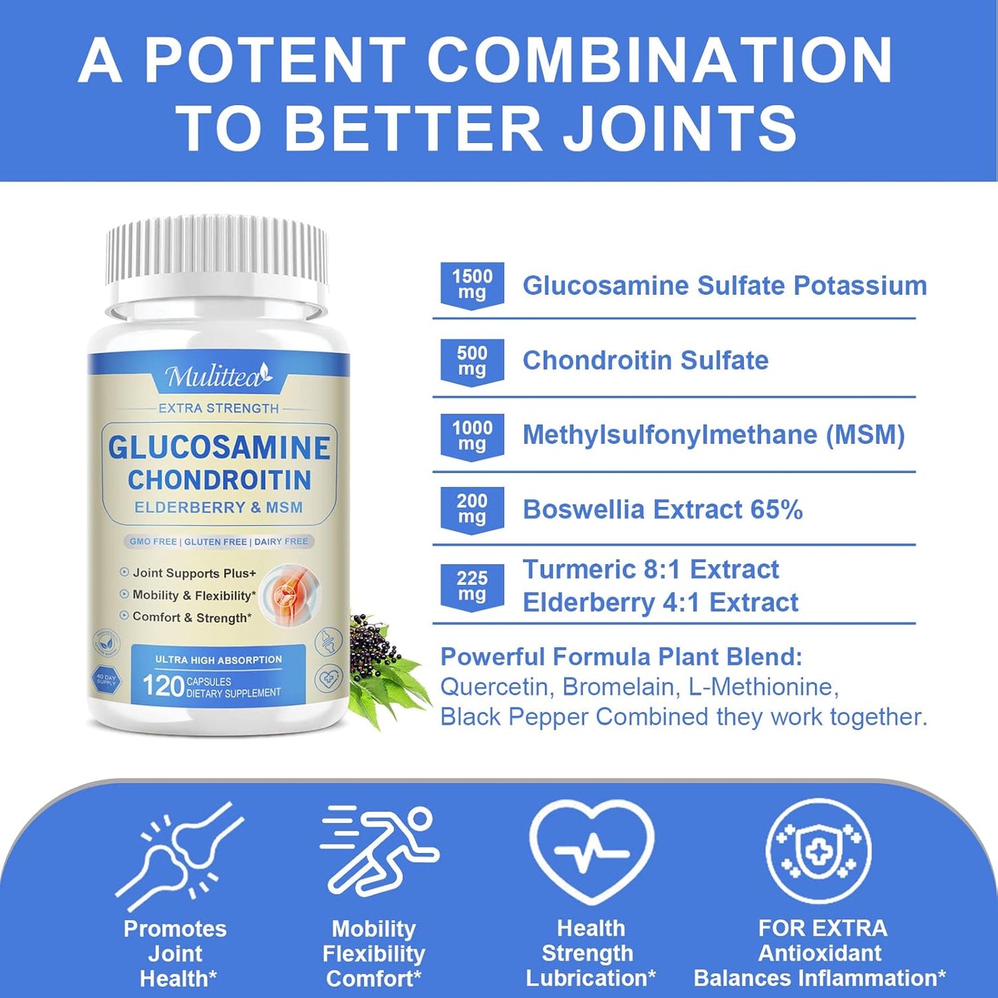 Extra Strength Joint Support Capsules with Glucosamine, Chondroitin, MSM, Elderberry, Boswellia, and Turmeric for Men & Women - Natural Supplement for Antioxidant and Immune Support, Helps with Inflammatory Response