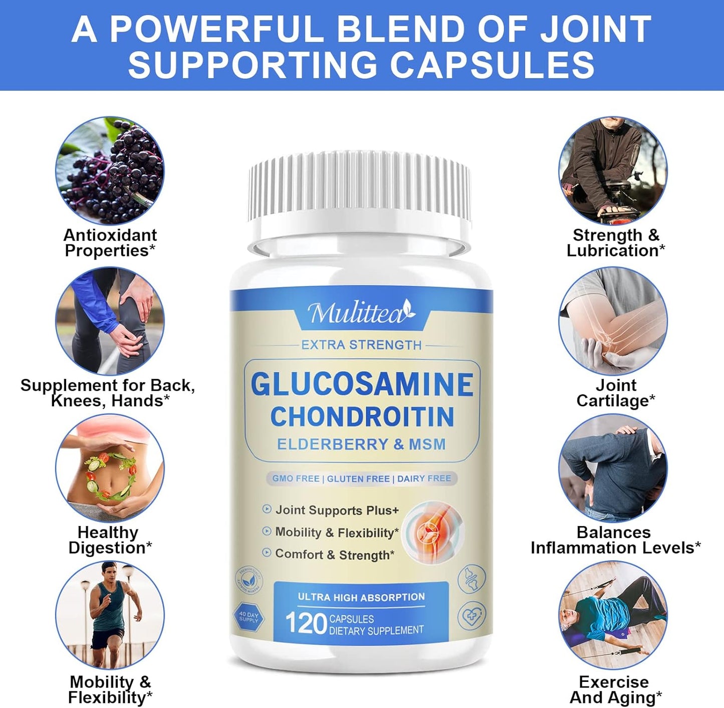 Extra Strength Joint Support Capsules with Glucosamine, Chondroitin, MSM, Elderberry, Boswellia, and Turmeric for Men & Women - Natural Supplement for Antioxidant and Immune Support, Helps with Inflammatory Response
