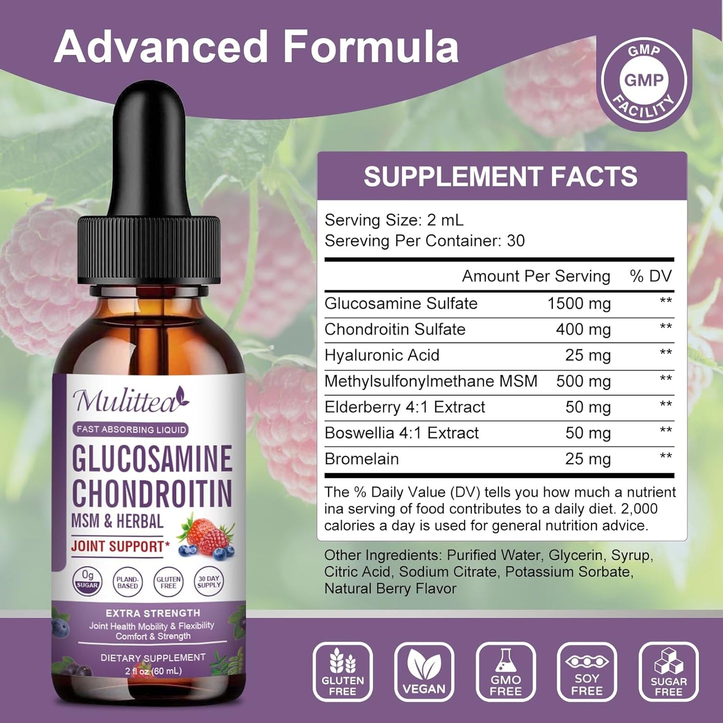 Extra Strength Joint Support Liquid Drops with Glucosamine, Chondroitin, MSM, Elderberry, Boswelia, Bromelain, Hyaluronic Acid - Antioxidant Immune Support - 2 Pack for Adults
