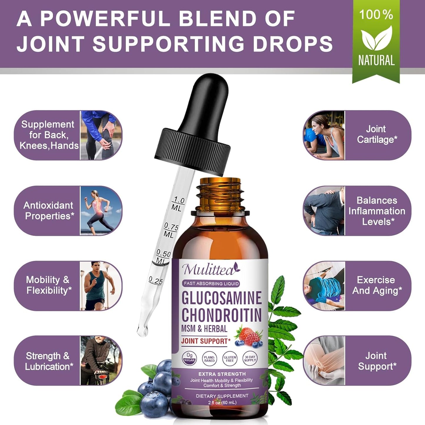 Extra Strength Joint Support Liquid Drops with Glucosamine, Chondroitin, MSM, Elderberry, Boswelia, Bromelain, Hyaluronic Acid - Antioxidant Immune Support - 2 Pack for Adults