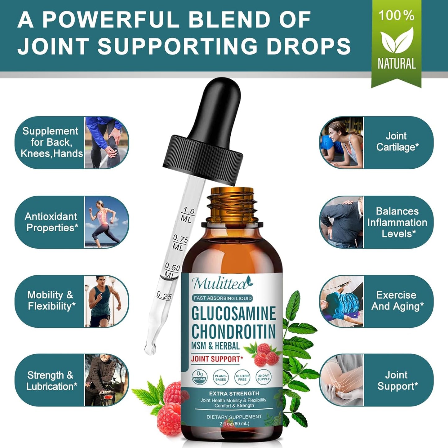 Extra Strength Liquid Joint Support Supplement with Glucosamine, Chondroitin, MSM, Elderberry, Boswelia, Bromelain, and Hyaluronic Acid - Antioxidant Immune Support for Adults, Men & Women - 2 Fl oz
