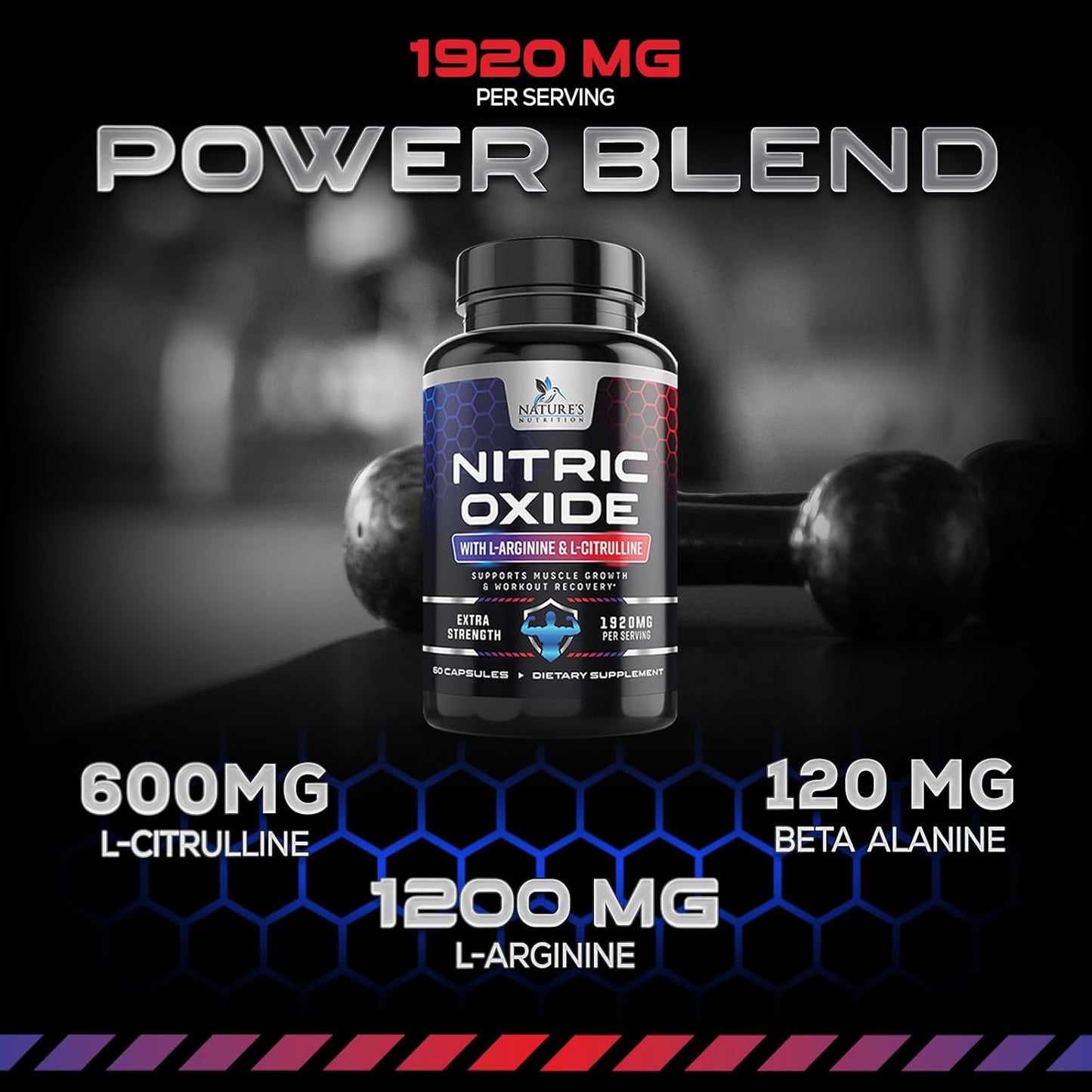 Extra Strength Nitric Oxide Booster with L Arginine - Supports Muscle, Heart Health, Energy - Non-GMO Supplement for Men and Women - 60 Capsules