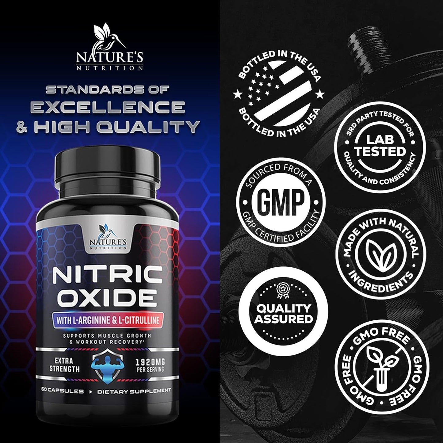 Extra Strength Nitric Oxide Booster with L Arginine - Supports Muscle, Heart Health, Energy - Non-GMO Supplement for Men and Women - 60 Capsules
