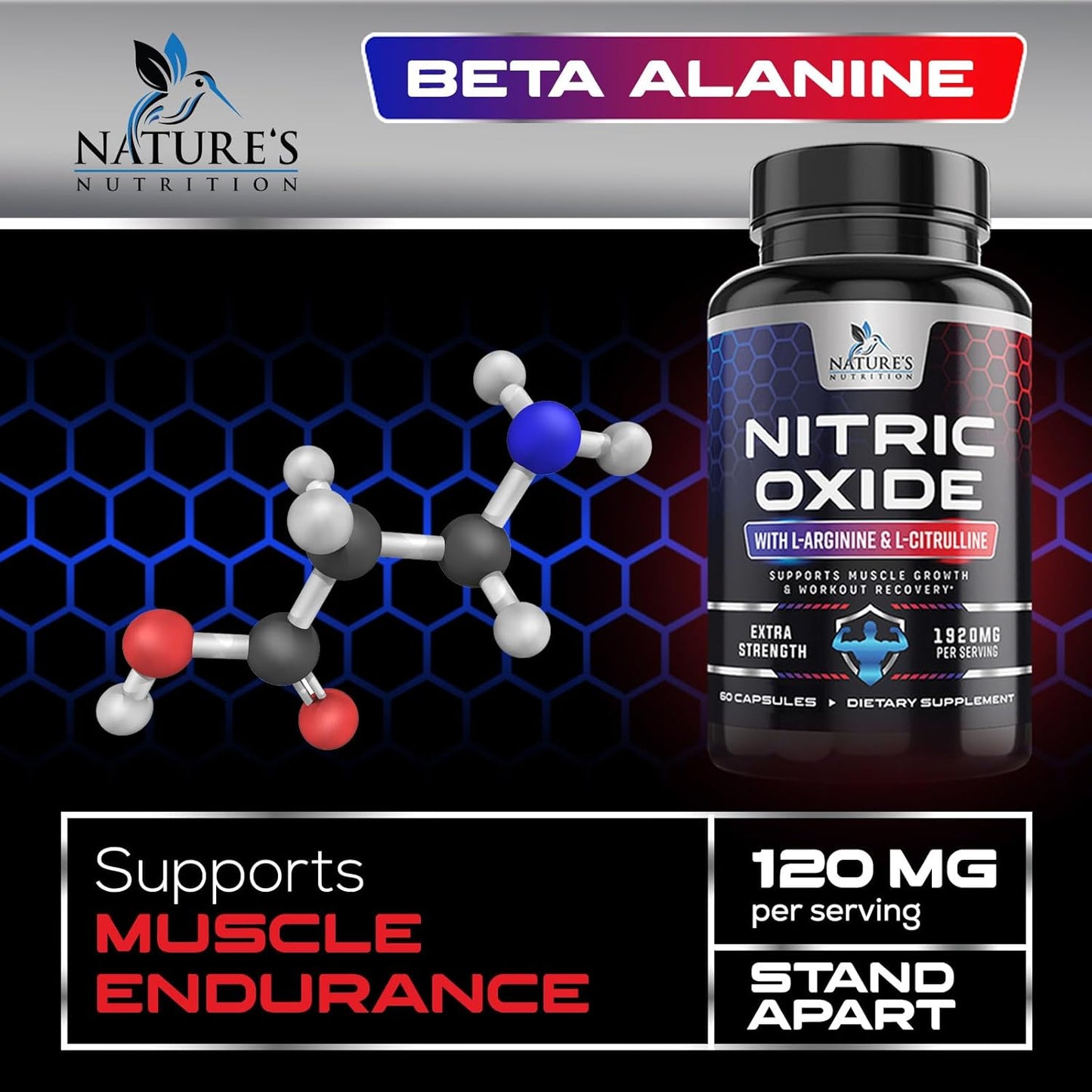 Extra Strength Nitric Oxide Booster with L Arginine - Supports Muscle, Heart Health, Energy - Non-GMO Supplement for Men and Women - 60 Capsules