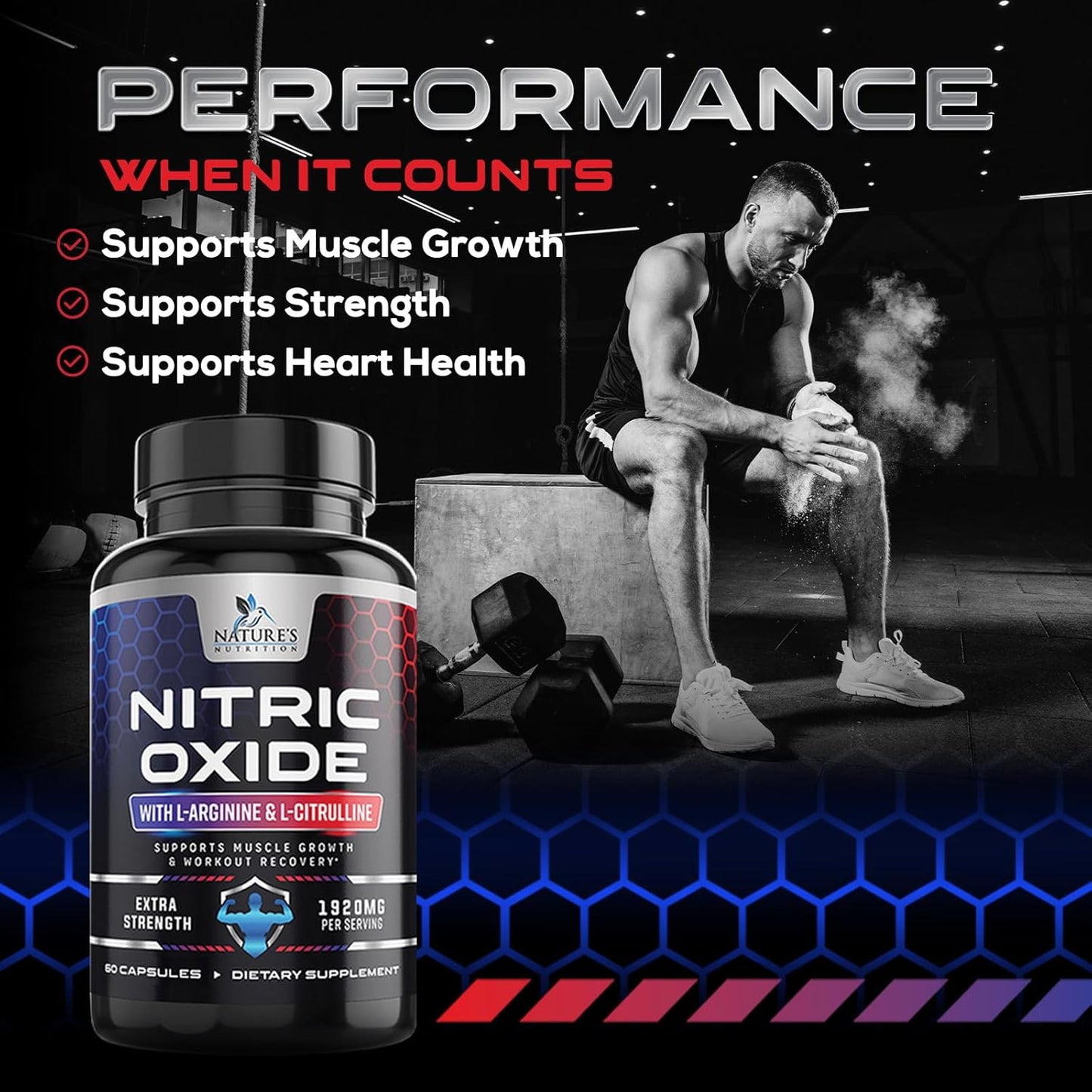 Extra Strength Nitric Oxide Booster with L Arginine - Supports Muscle, Heart Health, Energy - Non-GMO Supplement for Men and Women - 60 Capsules