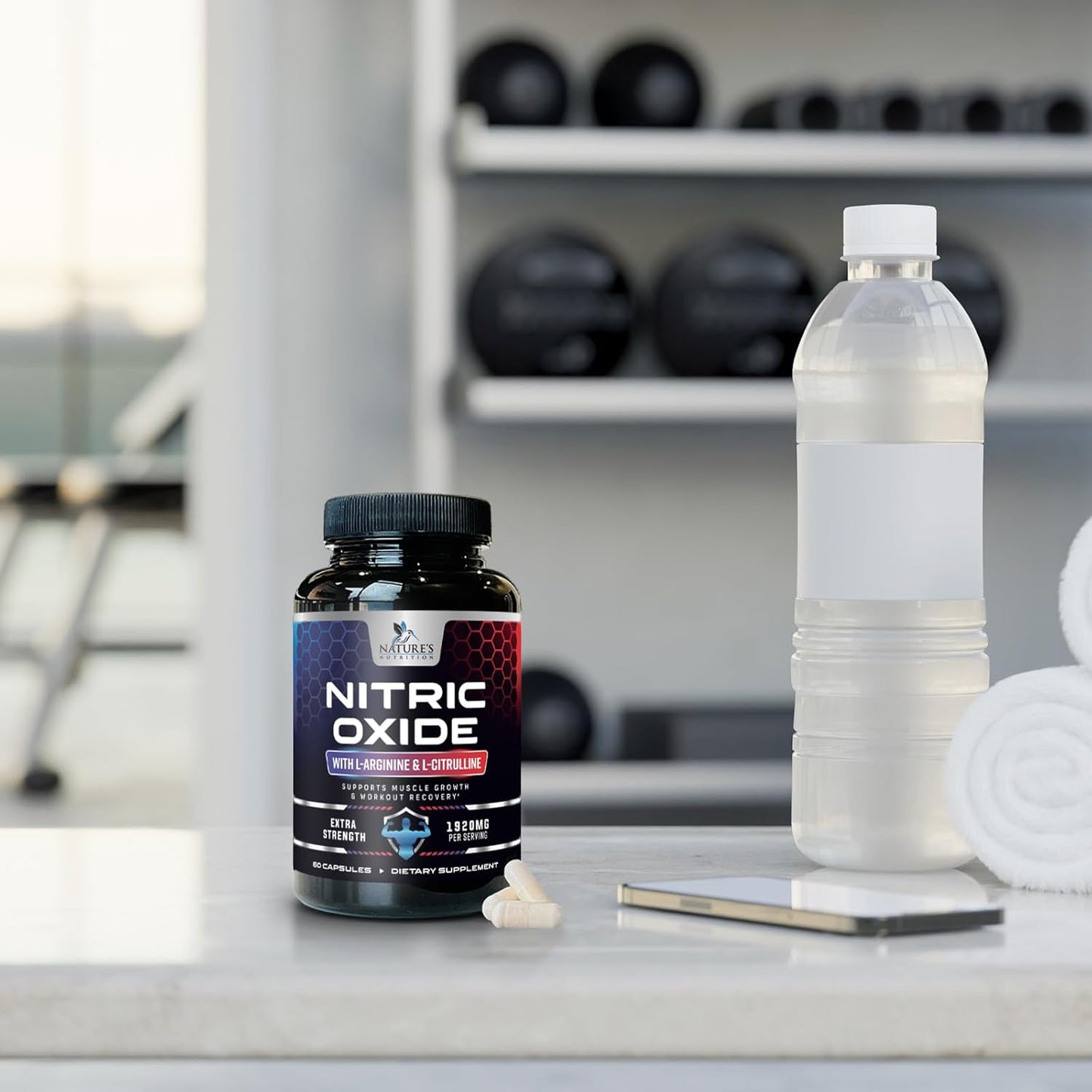 Extra Strength Nitric Oxide Booster with L Arginine - Supports Muscle, Heart Health, Energy - Non-GMO Supplement for Men and Women - 60 Capsules