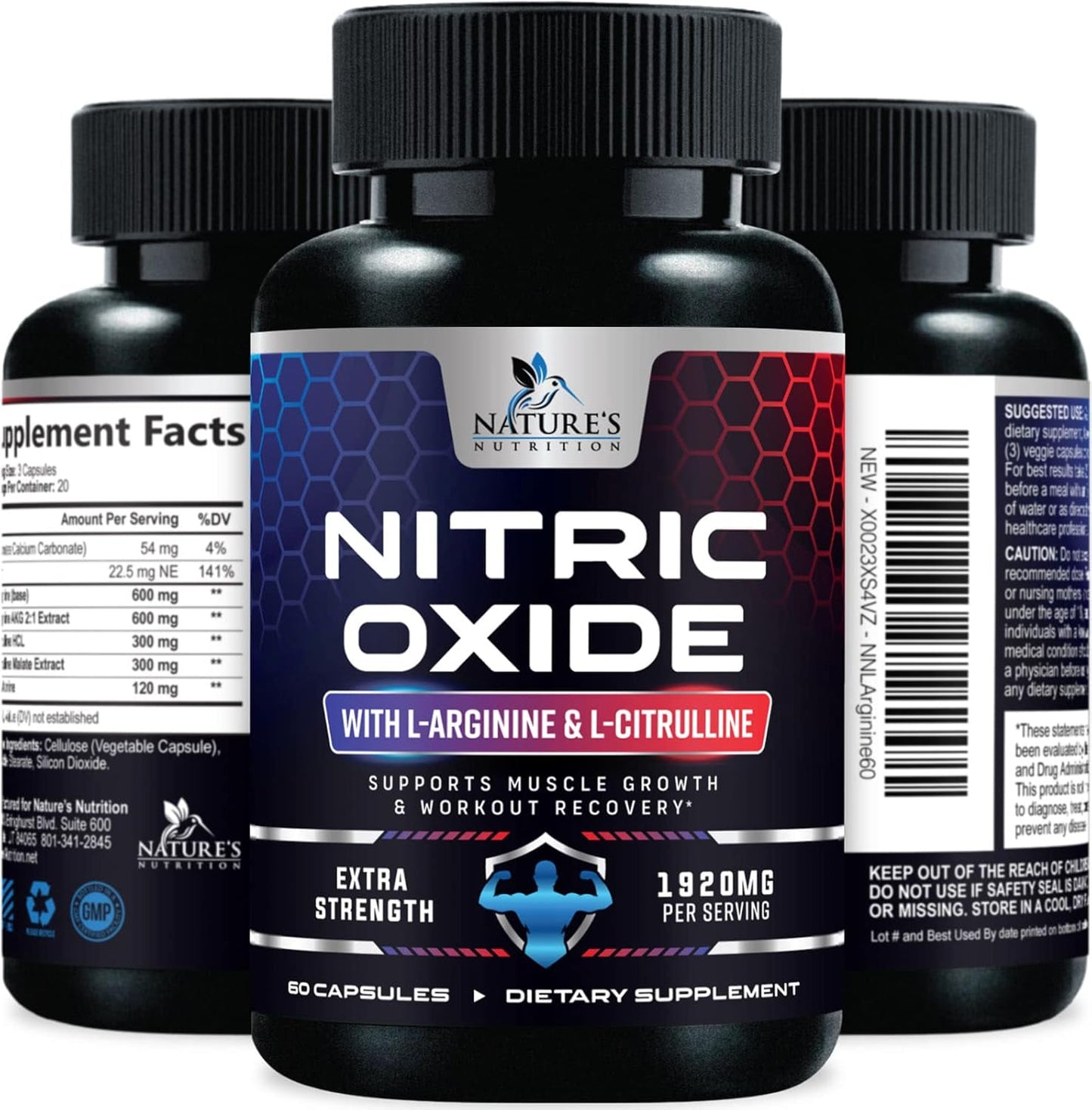 Extra Strength Nitric Oxide Booster with L Arginine - Supports Muscle, Heart Health, Energy - Non-GMO Supplement for Men and Women - 60 Capsules