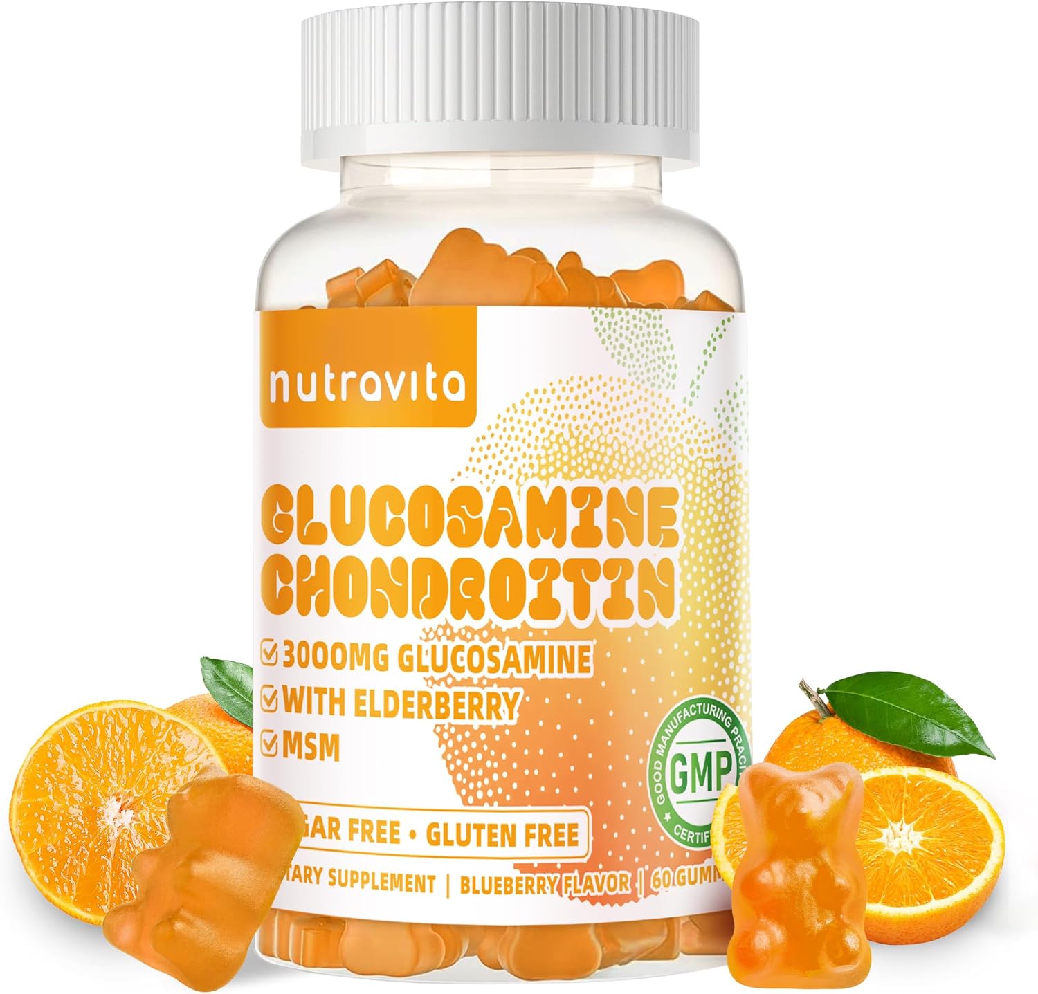 Extra Strength Nutravita Glucosamine Chondroitin Gummies with MSM, Elderberry - Joint & Immune Support for Adults - 60 Orange Chews