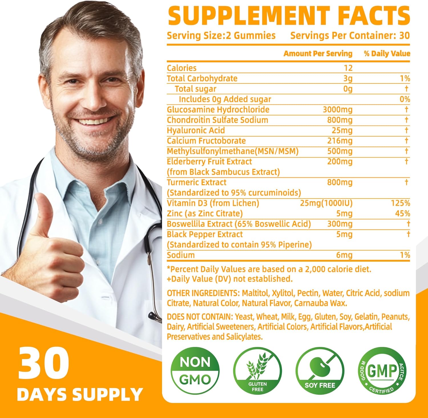 Extra Strength Nutravita Glucosamine Chondroitin Gummies with MSM, Elderberry - Joint & Immune Support for Adults - 60 Orange Chews