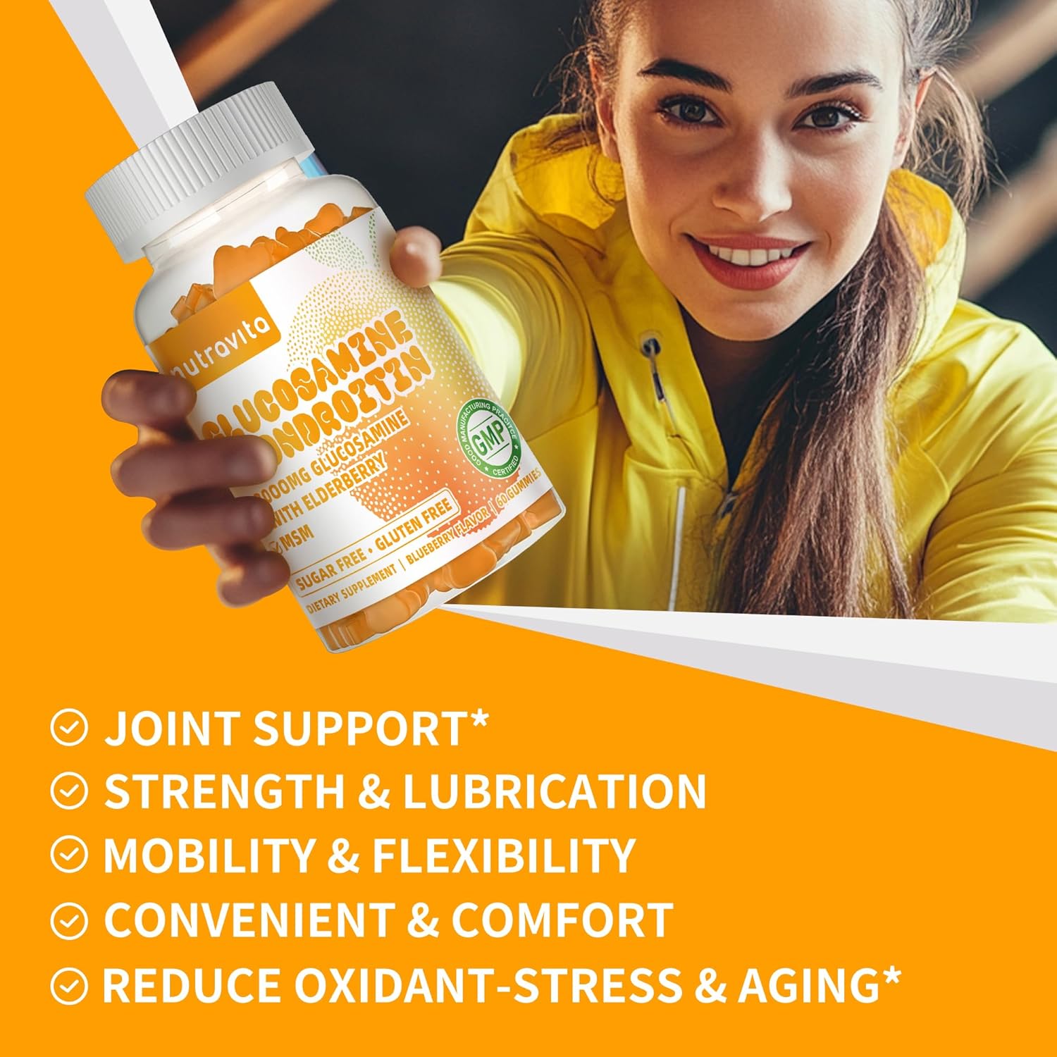 Extra Strength Nutravita Glucosamine Chondroitin Gummies with MSM, Elderberry - Joint & Immune Support for Adults - 60 Orange Chews
