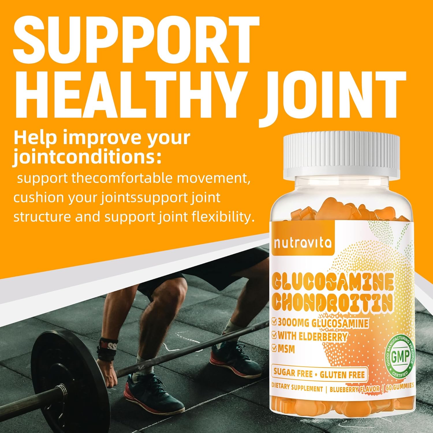 Extra Strength Nutravita Glucosamine Chondroitin Gummies with MSM, Elderberry - Joint & Immune Support for Adults - 60 Orange Chews