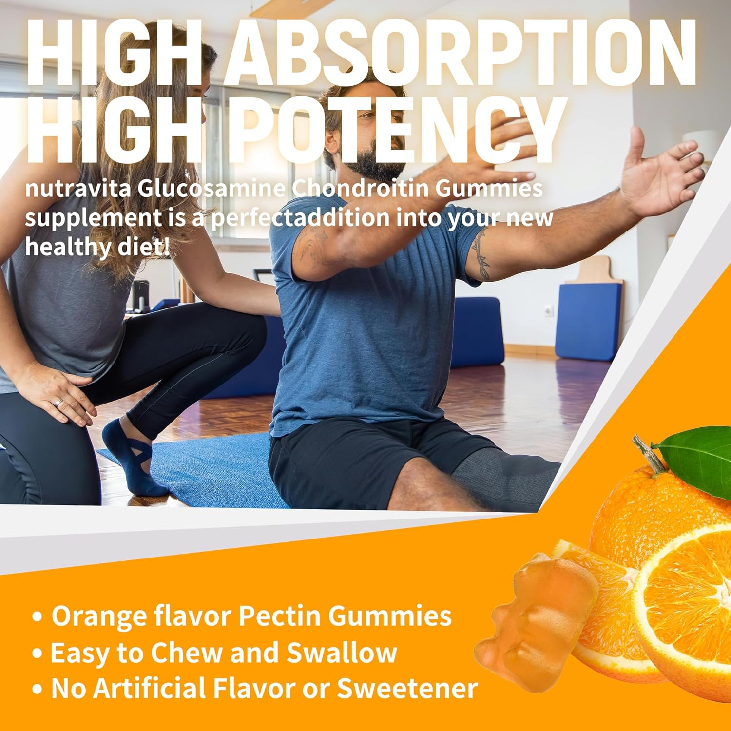 Extra Strength Nutravita Glucosamine Chondroitin Gummies with MSM, Elderberry - Joint & Immune Support for Adults - 60 Orange Chews