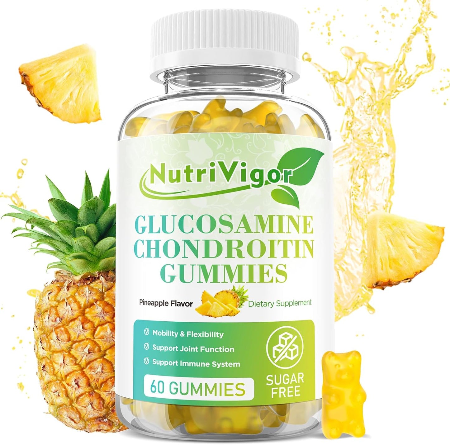 Extra Strength NutriVigor Glucosamine Chondroitin Gummies with MSM & Elderberry - 60 Count, Pineapple Flavor, Antioxidant Immune Support for Adults