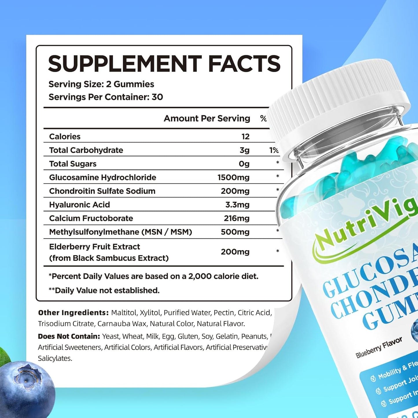 Extra Strength NutriVigor Glucosamine Chondroitin Gummies with MSM & Elderberry for Joint Support - 60 Count, Blueberry Flavor for Adults
