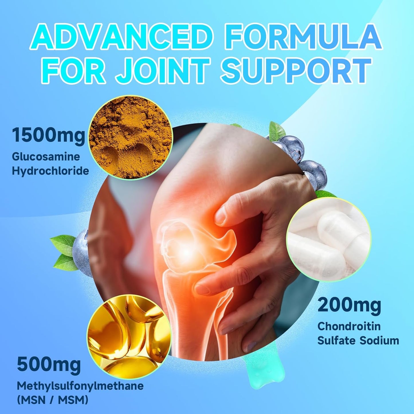 Extra Strength NutriVigor Glucosamine Chondroitin Gummies with MSM & Elderberry for Joint Support - 120 Count, Blueberry Flavor - Men & Women's Supplement