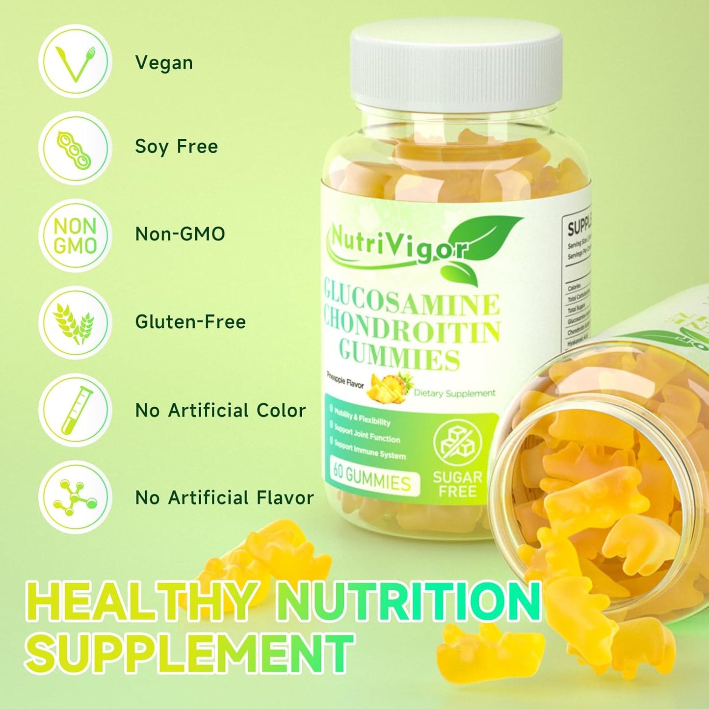 Extra Strength NutriVigor Glucosamine Chondroitin Gummies with MSM & Elderberry - 60 Count, Pineapple Flavor, Antioxidant Immune Support for Adults