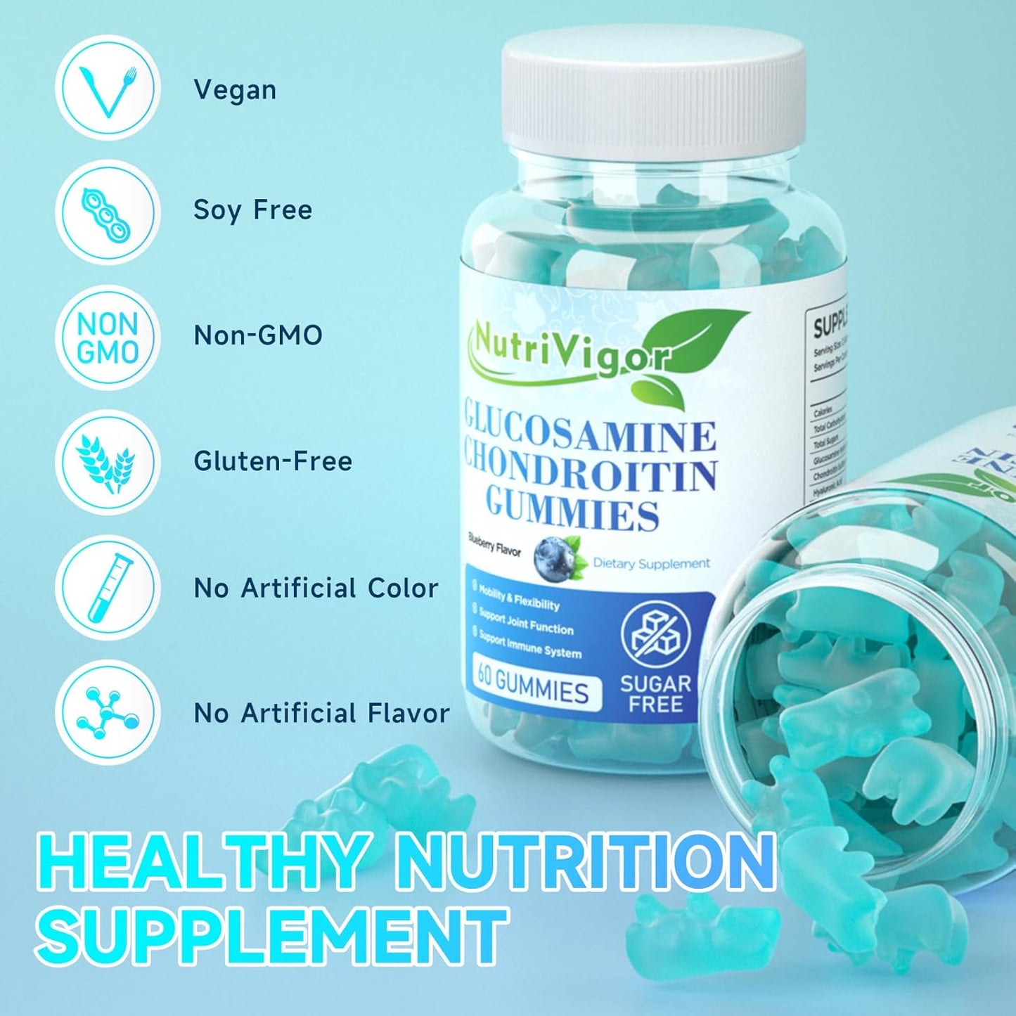 Extra Strength NutriVigor Glucosamine Chondroitin Gummies with MSM & Elderberry for Joint Support - 120 Count, Blueberry Flavor - Men & Women's Supplement