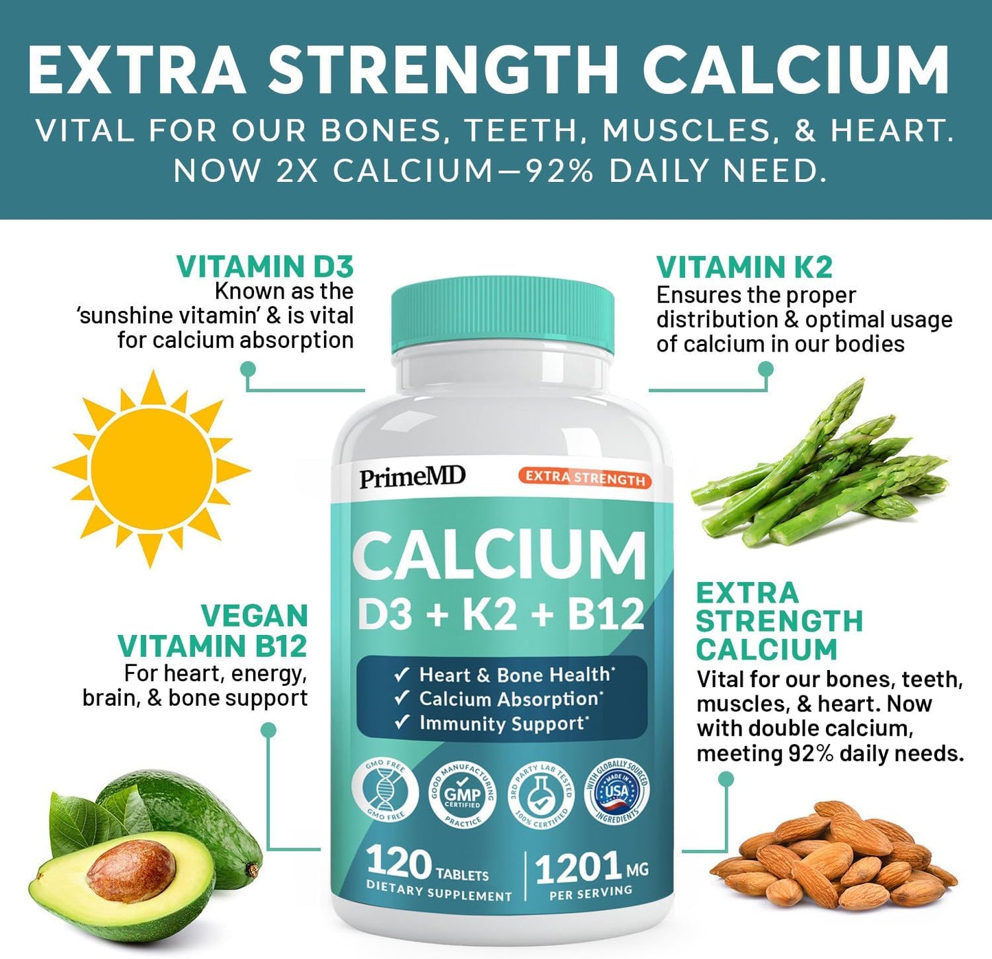 Extra Strength PrimeMD 4-in-1 Calcium Supplement with Vitamin D3, K2, and B12 - 1200mg Calcium Citrate for Bone and Heart Support - 120ct Tablets for Women and Men