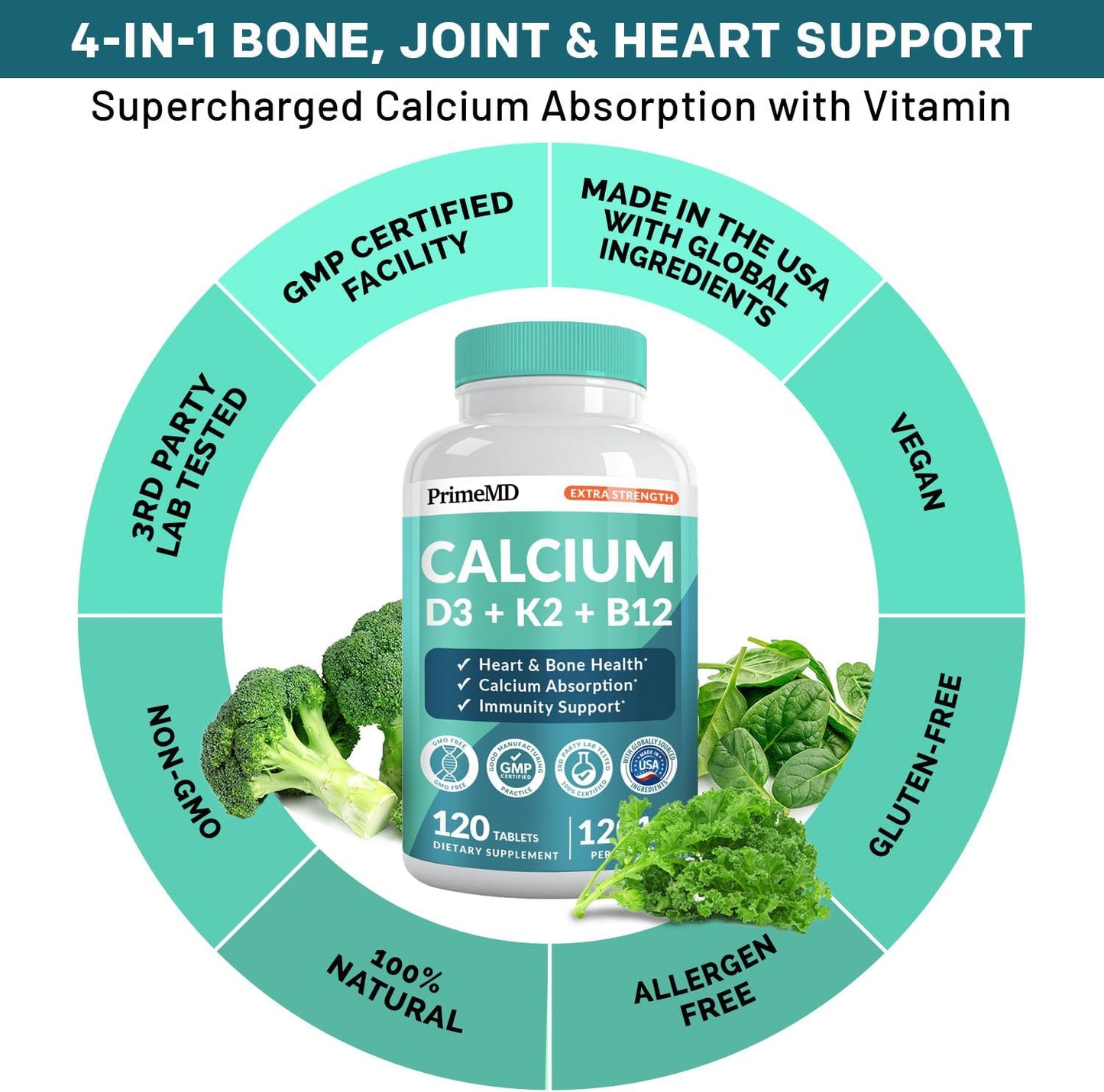 Extra Strength PrimeMD 4-in-1 Calcium Supplement with Vitamin D3, K2, and B12 - 1200mg Calcium Citrate for Bone and Heart Support - 120ct Tablets for Women and Men